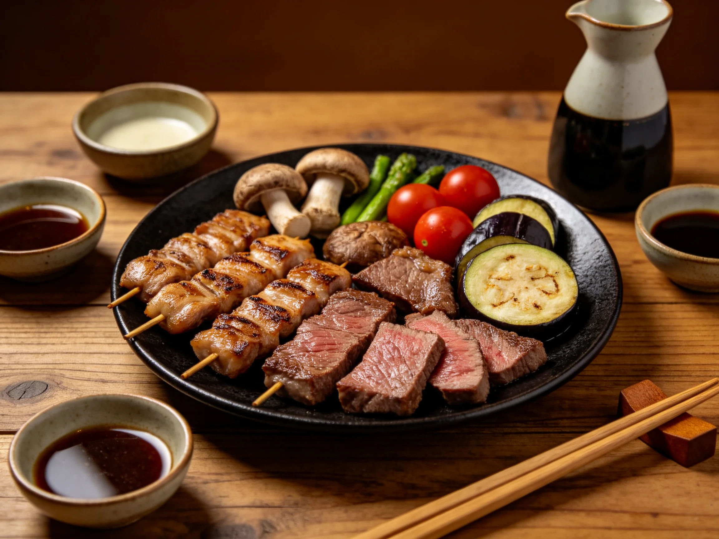 Grilled skewers, steak, and vegetables with dipping sauces