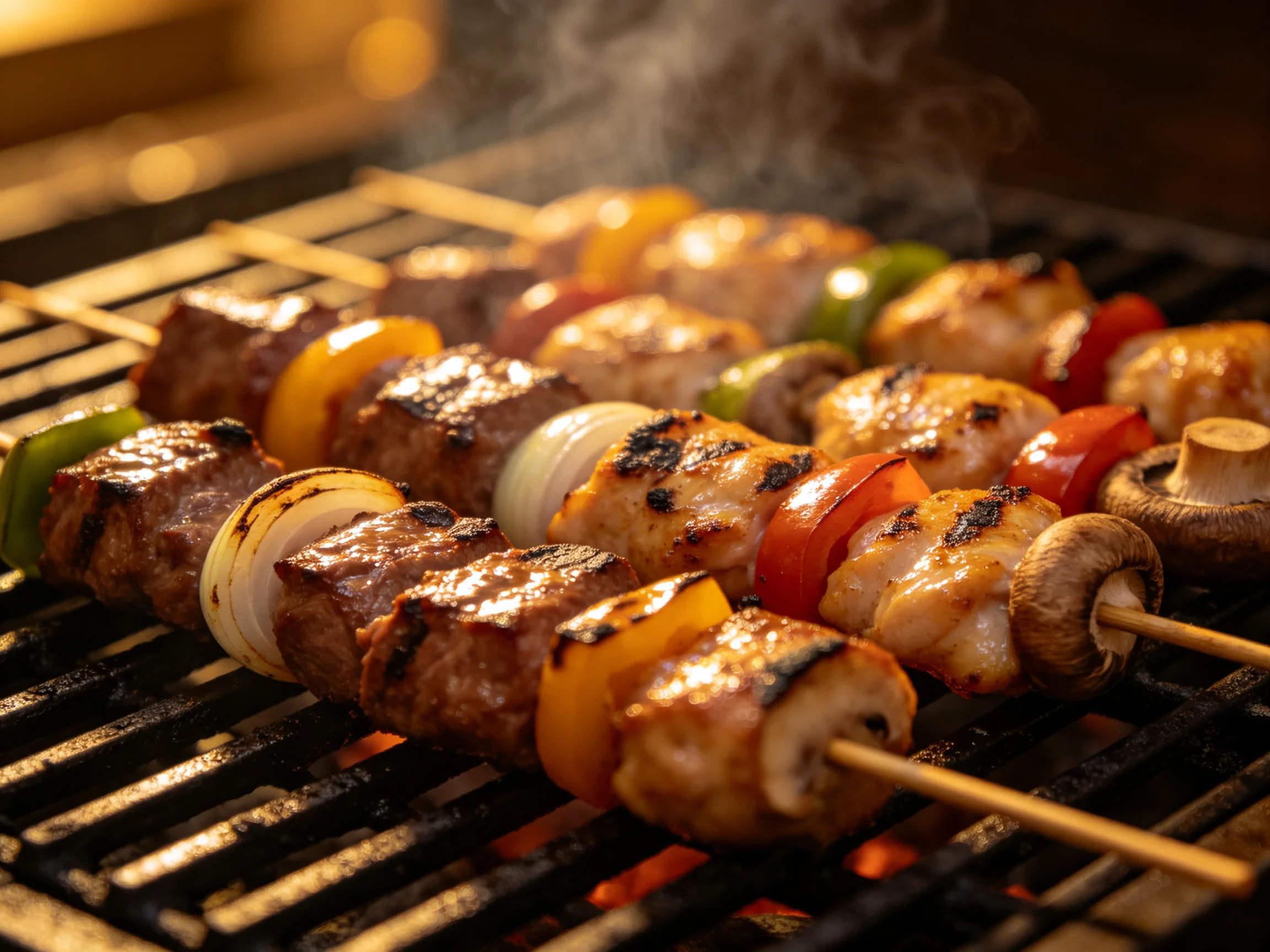 Grilled skewers with assorted meats, peppers, and mushrooms on a barbecue