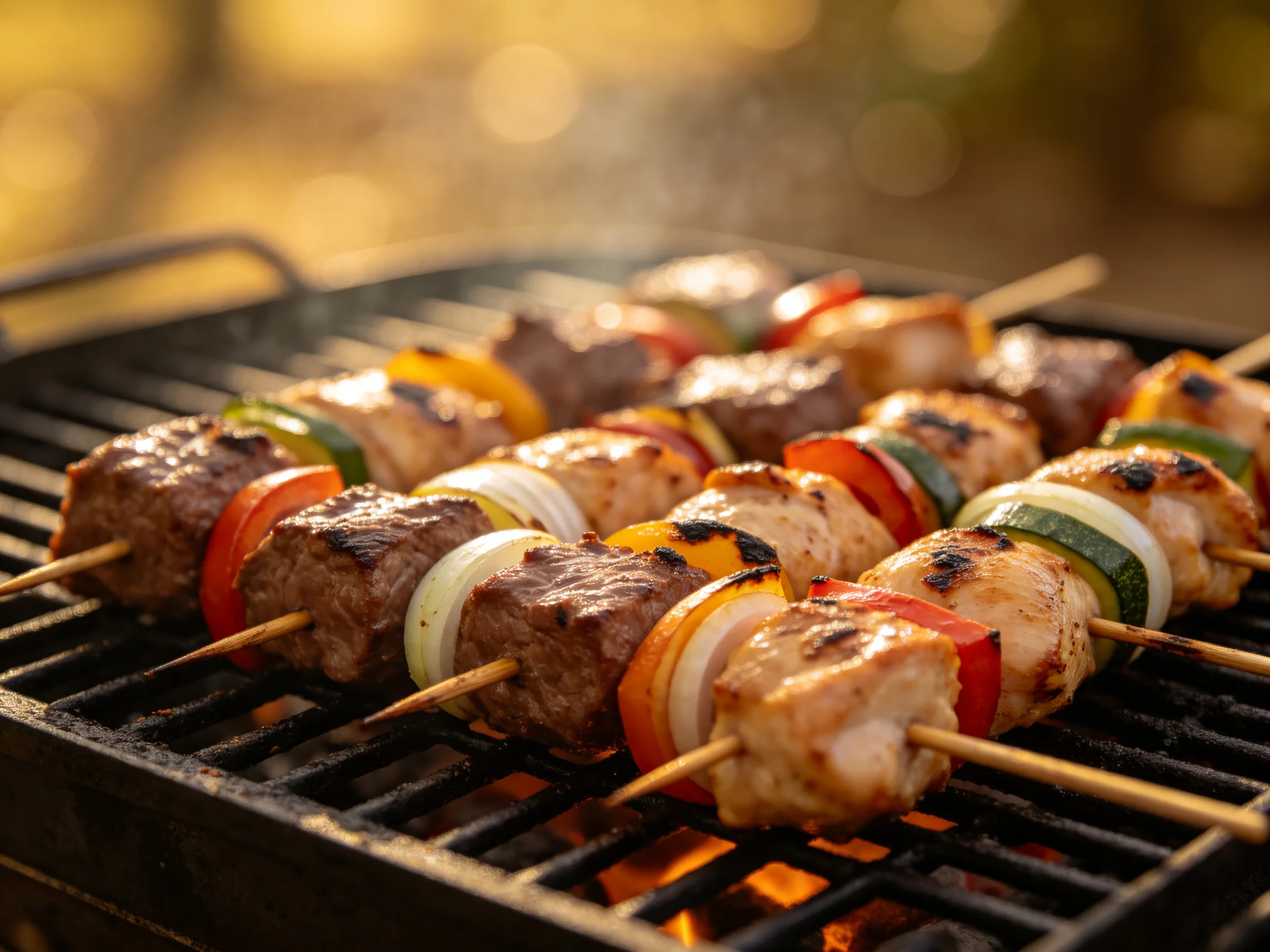 Grilled skewers with beef, chicken, colorful veggies on a barbecue