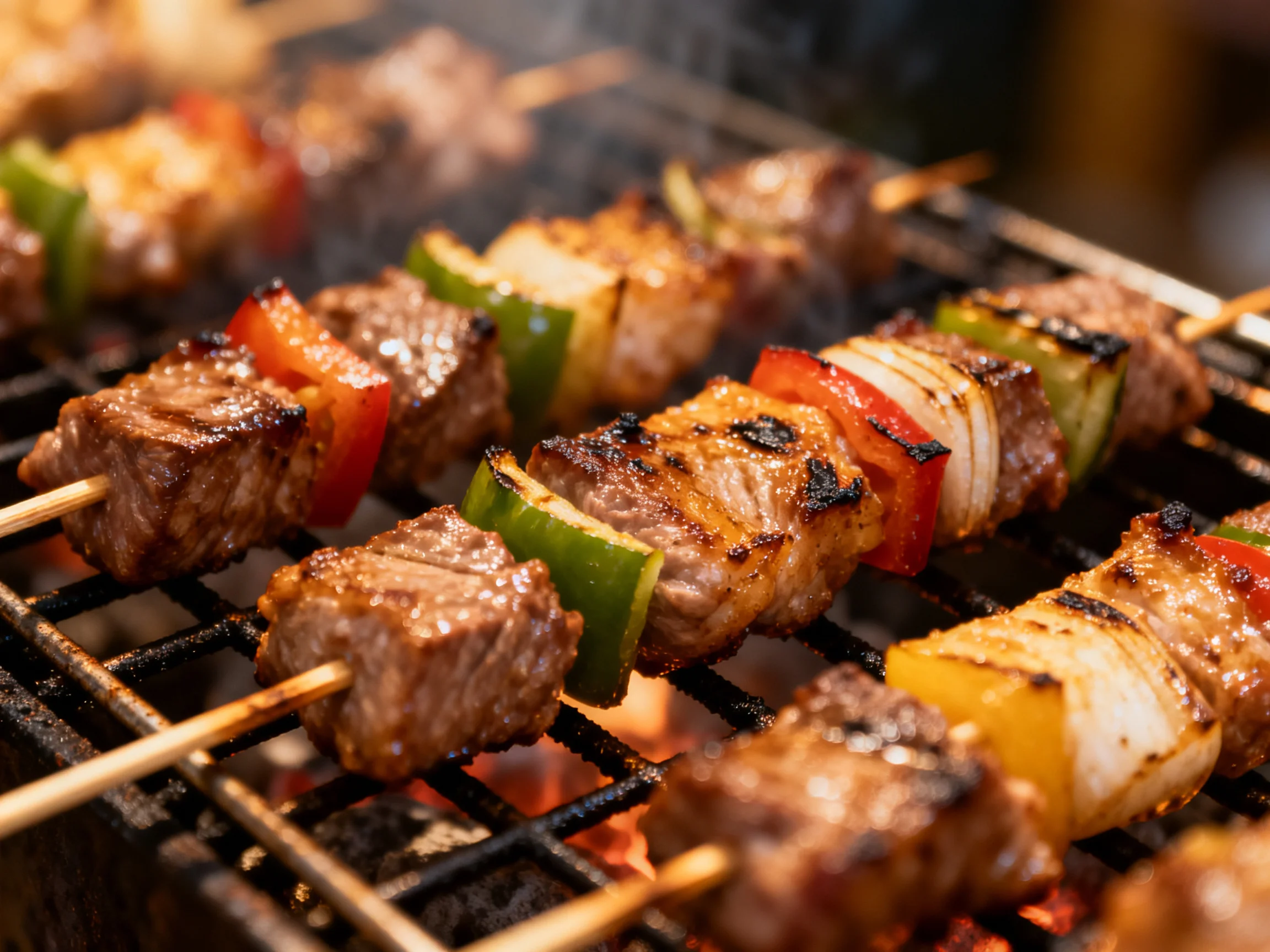 Grilled skewers with beef, peppers, and onions cooking over an open flame