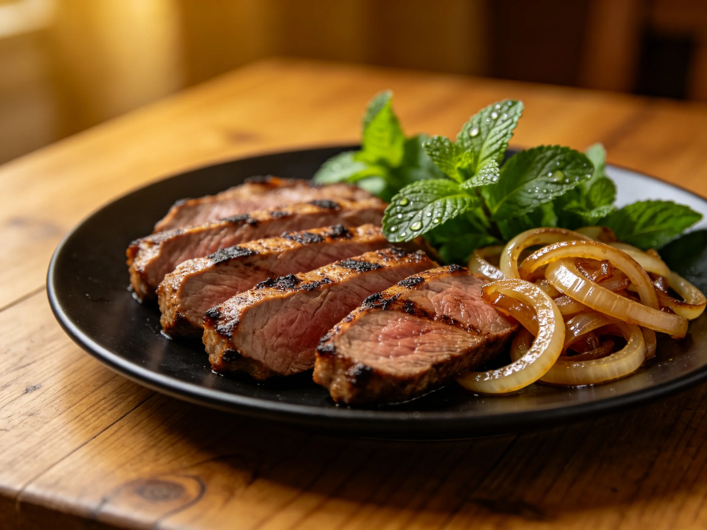 Grilled sliced steak with caramelized onions and fresh mint