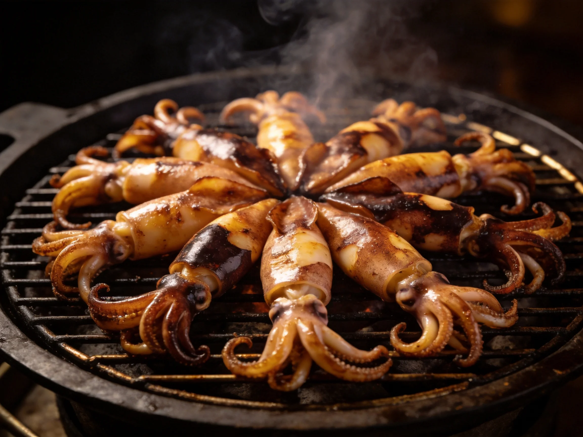 Grilled squid arranged circularly on a black cast iron grill