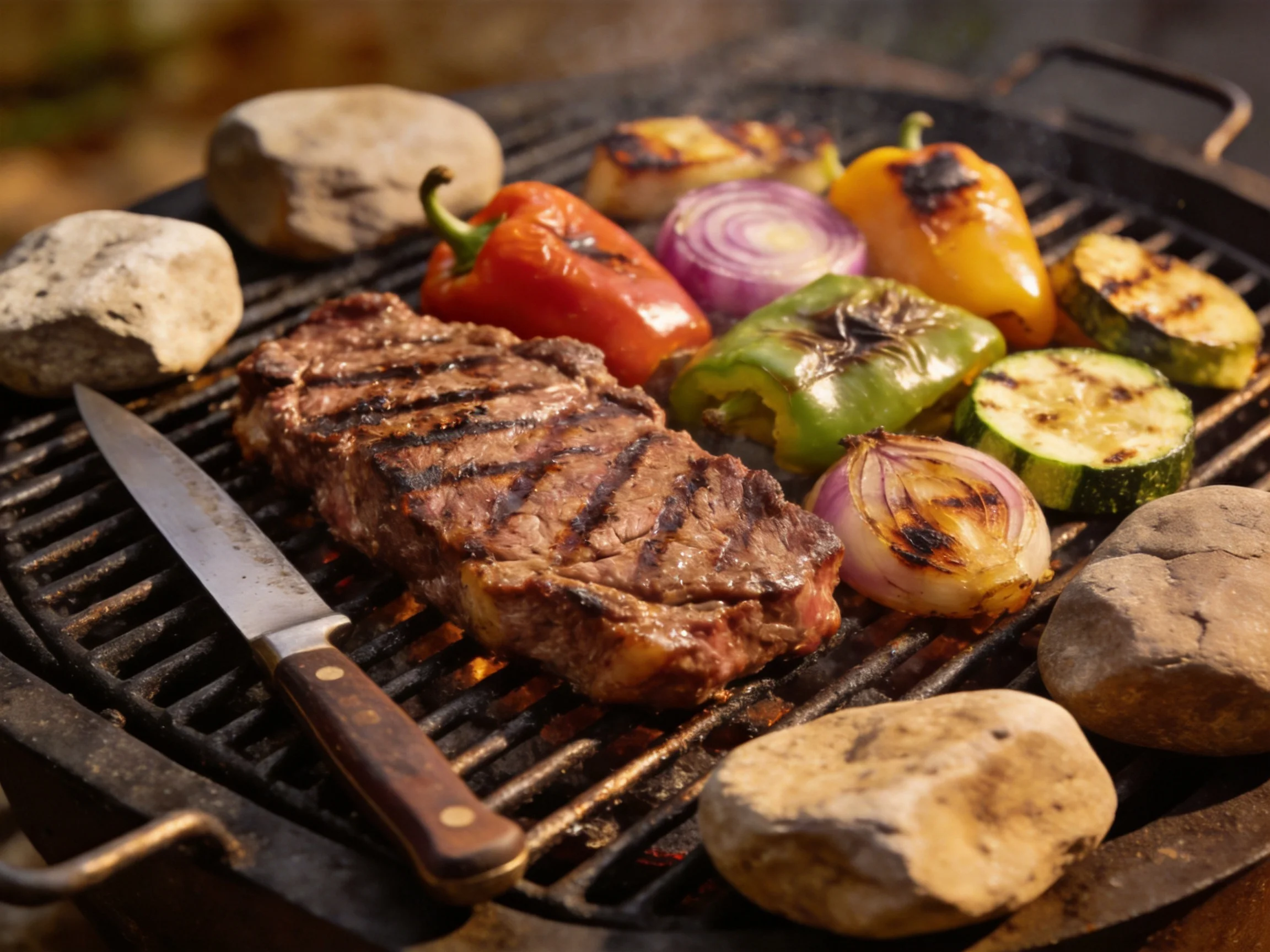 Grilled steak and colorful vegetables on a stone-lined grill