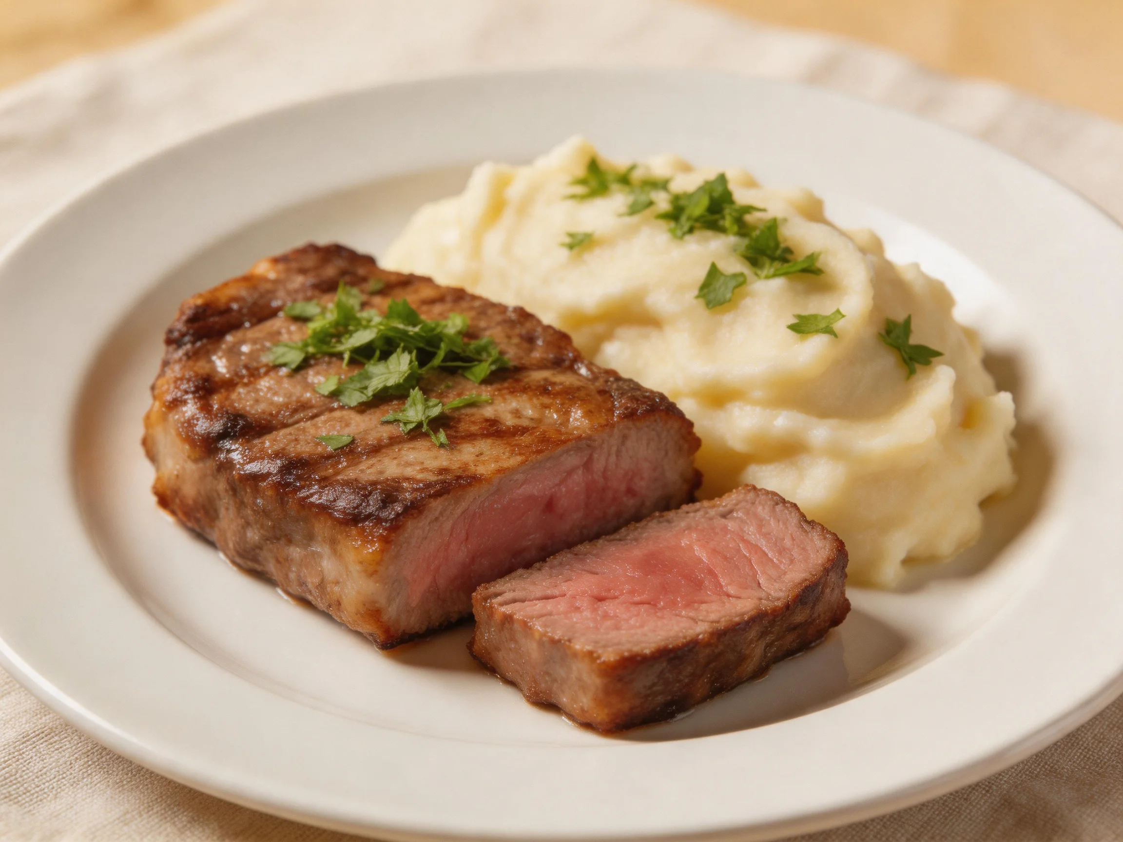 Grilled steak and creamy mashed potatoes on a white plate
