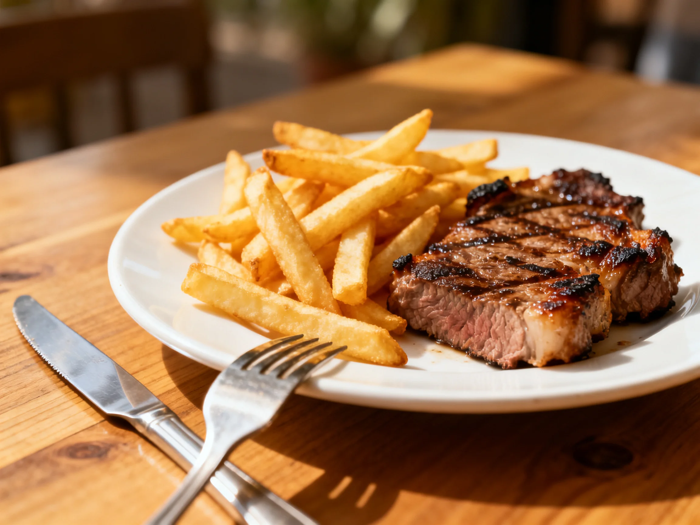 Grilled steak and crispy golden fries on a white plate