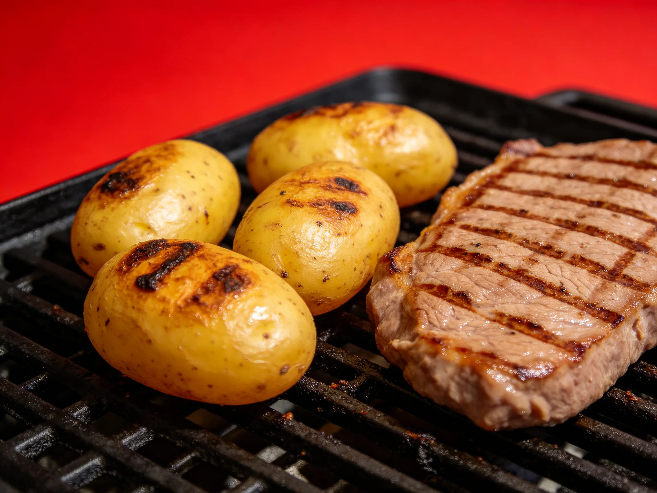 Grilled steak and four potatoes on a black grill pan against a bright red backdrop