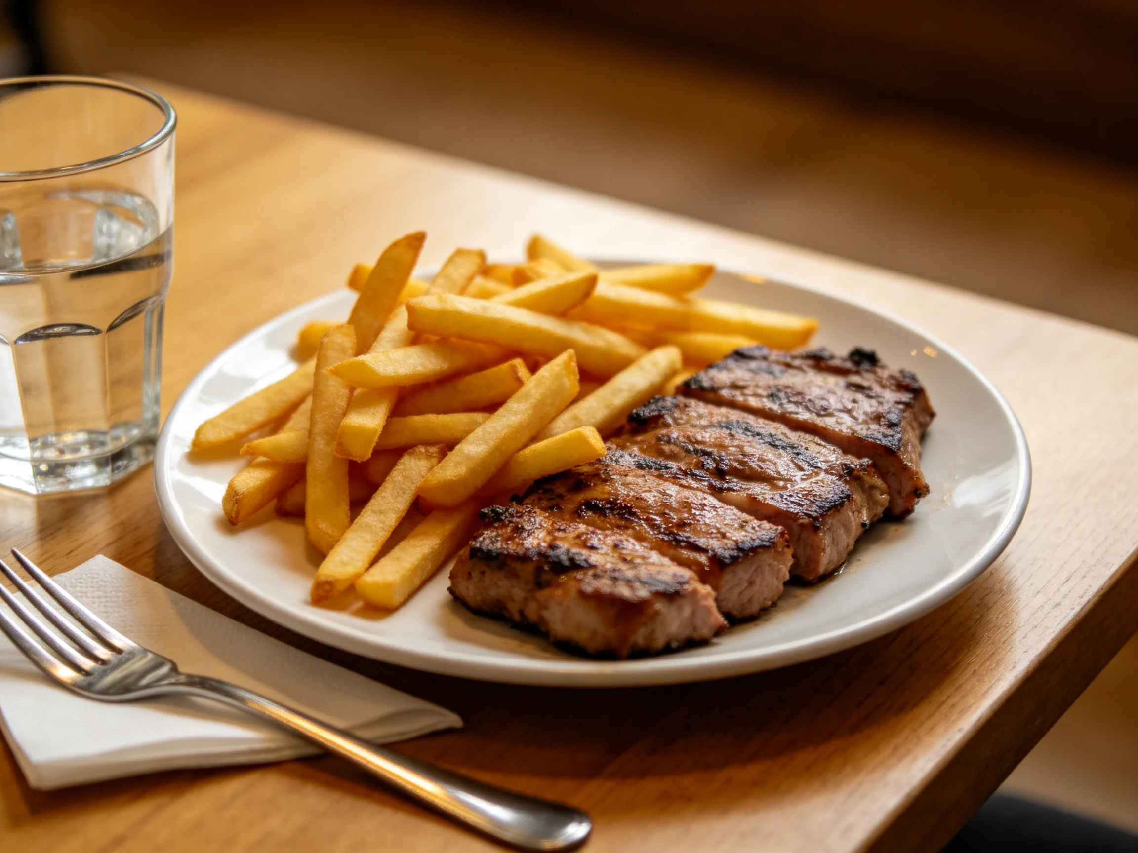 Grilled steak and golden fries served with water on a wooden table