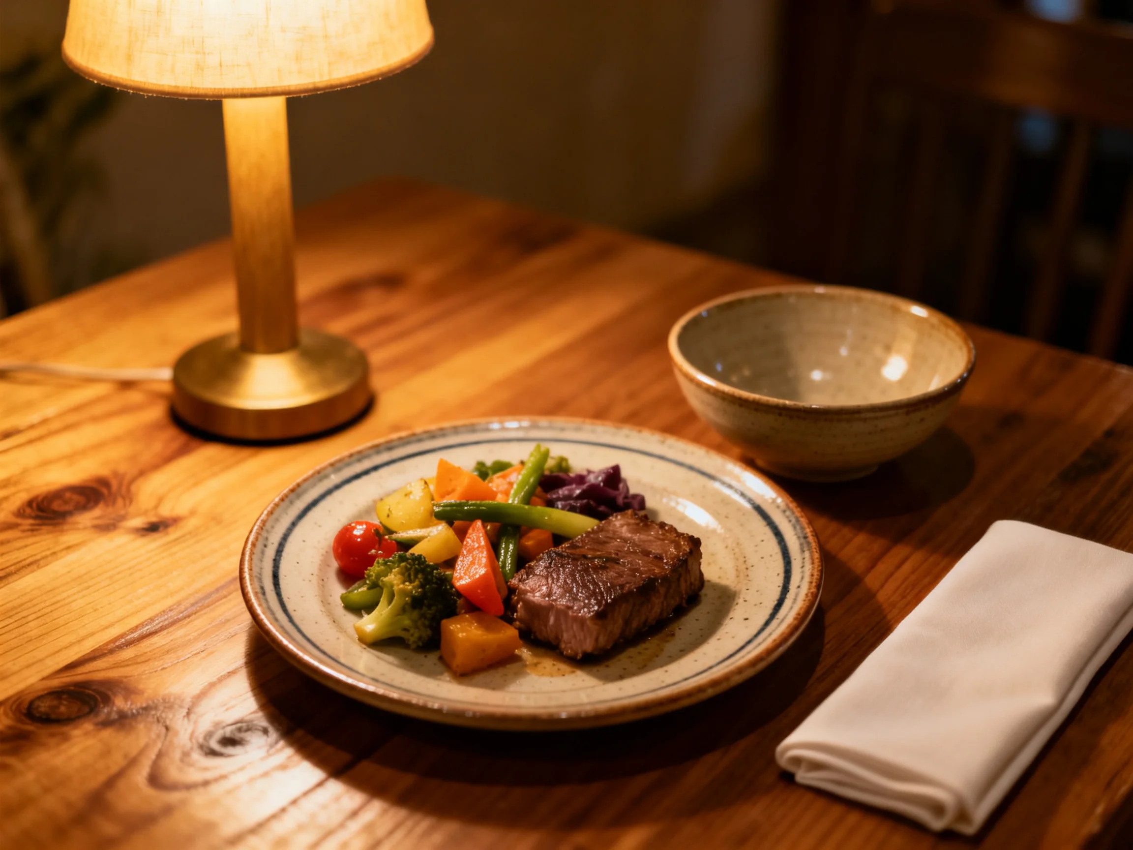 Grilled steak and mixed vegetables on a ceramic plate on a wooden table