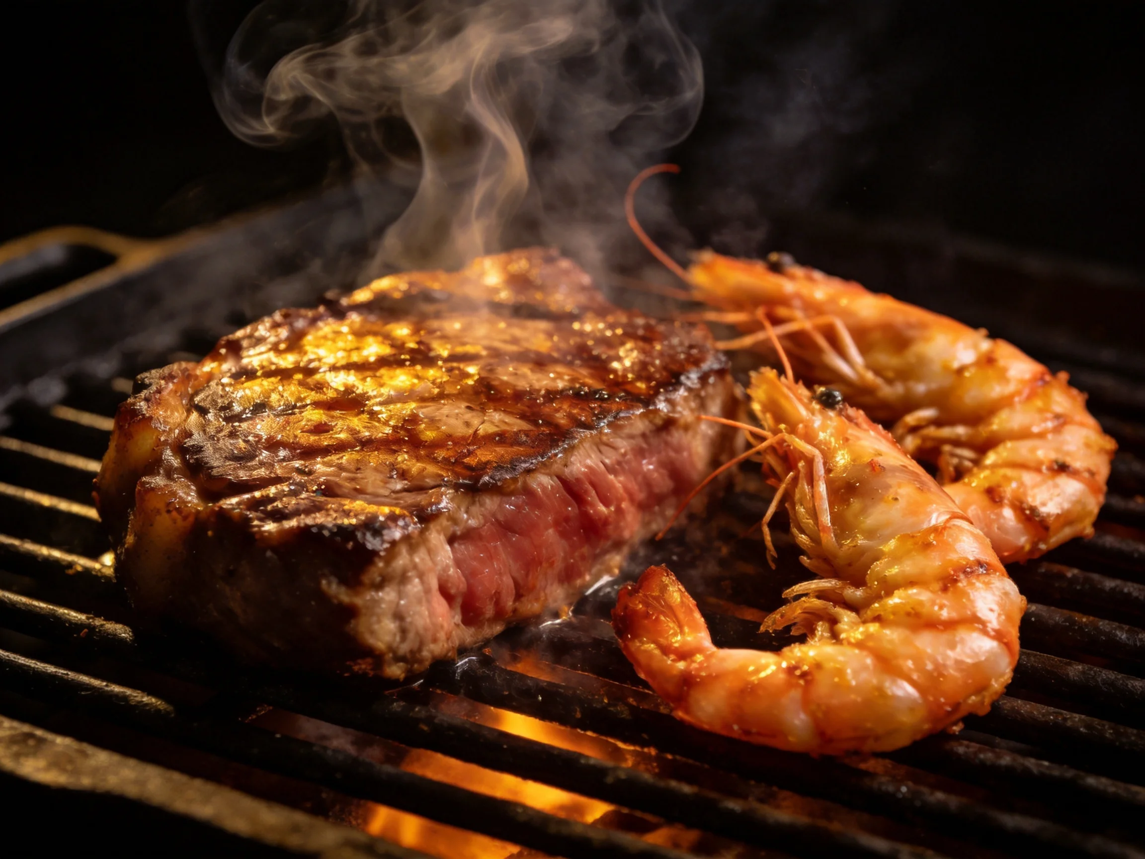 Grilled steak and prawns sizzle over a smoky grill