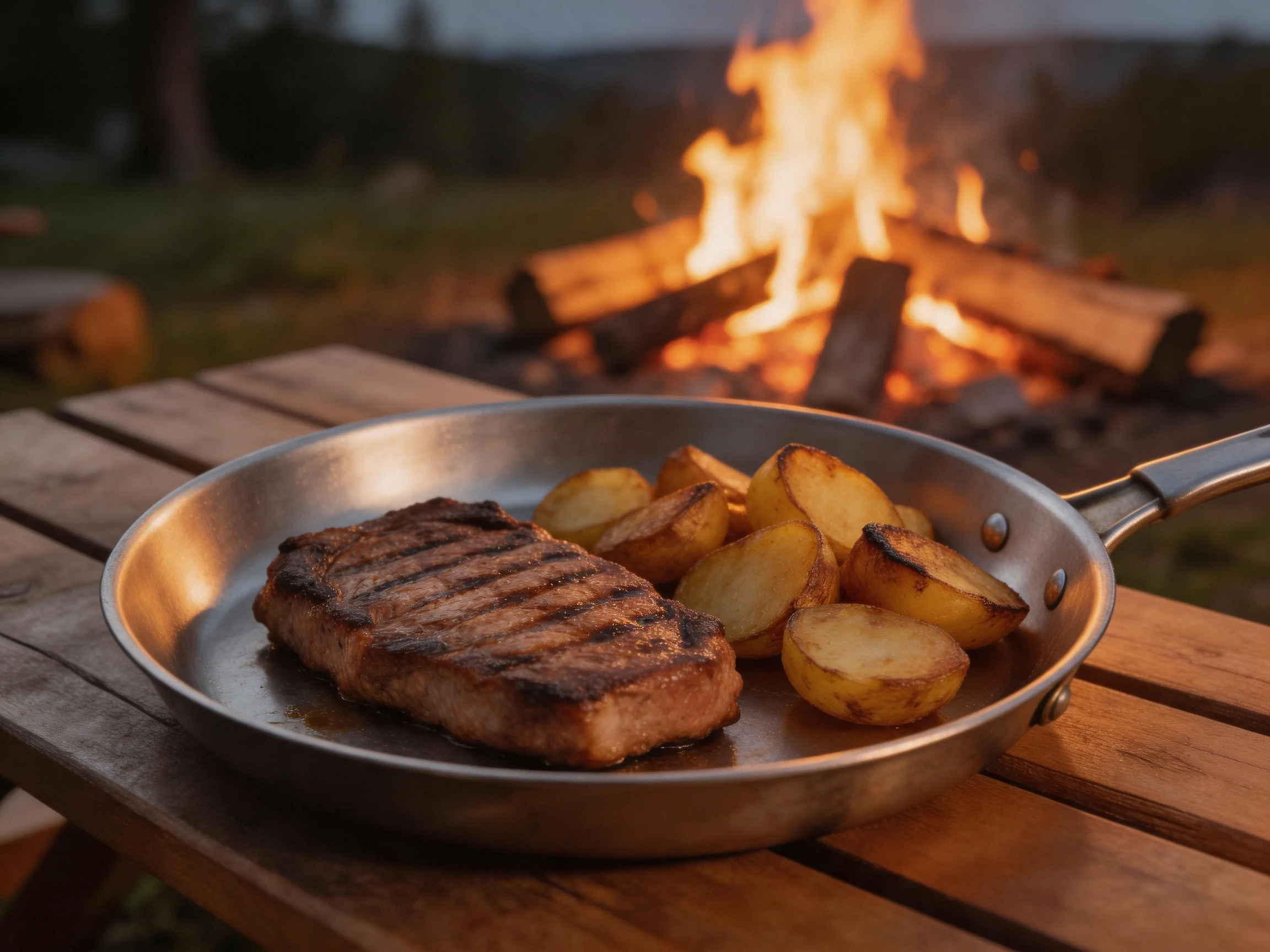 Grilled steak and roasted potatoes by a blazing campfire