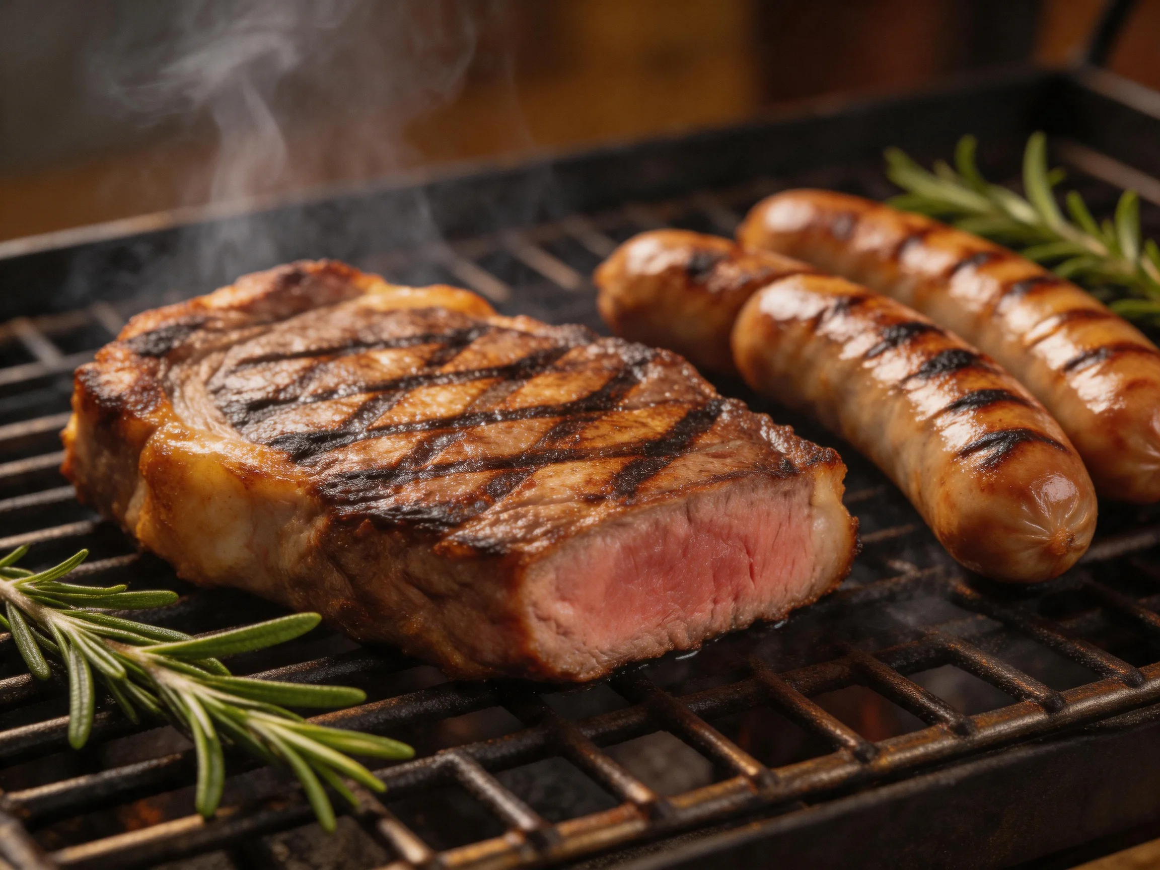Grilled steak and sausages with fresh rosemary on a hot grill
