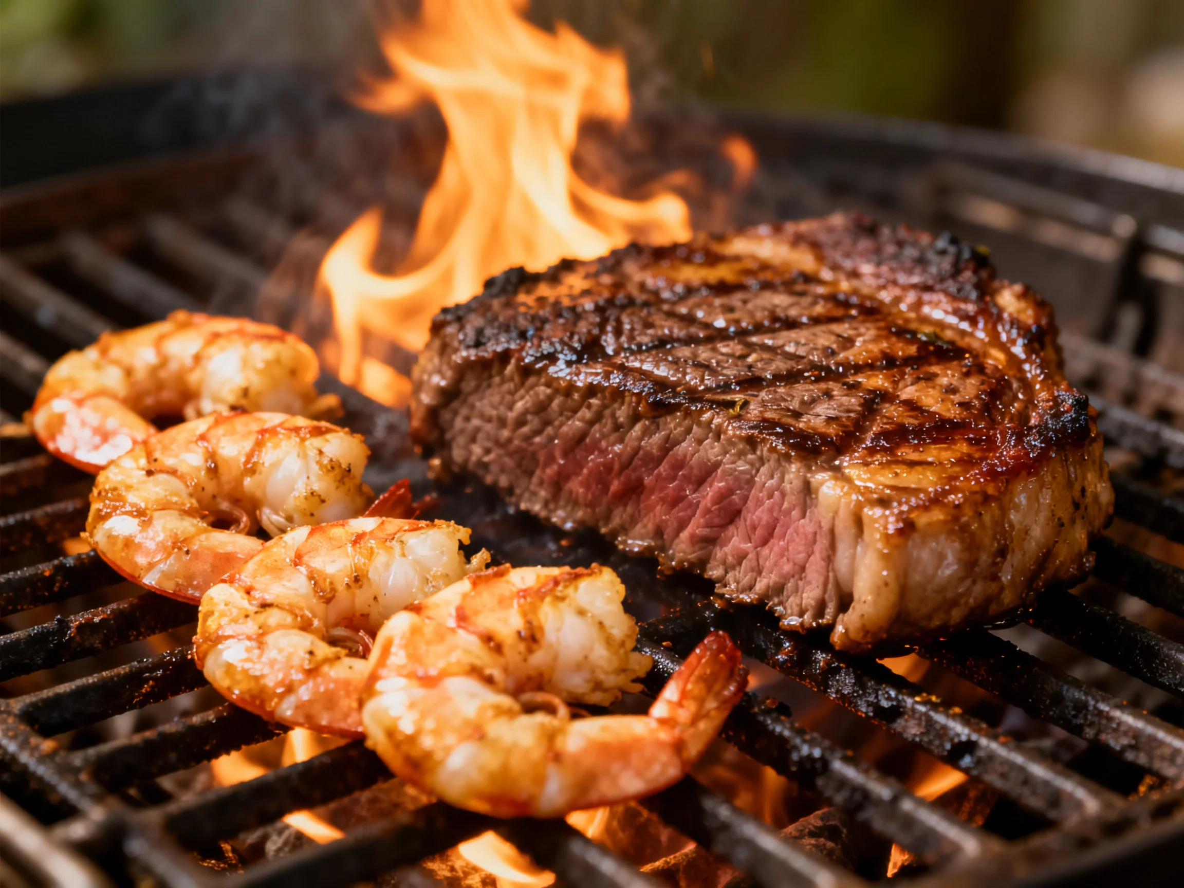 Grilled steak and shrimp sizzle over open flames on a barbecue.