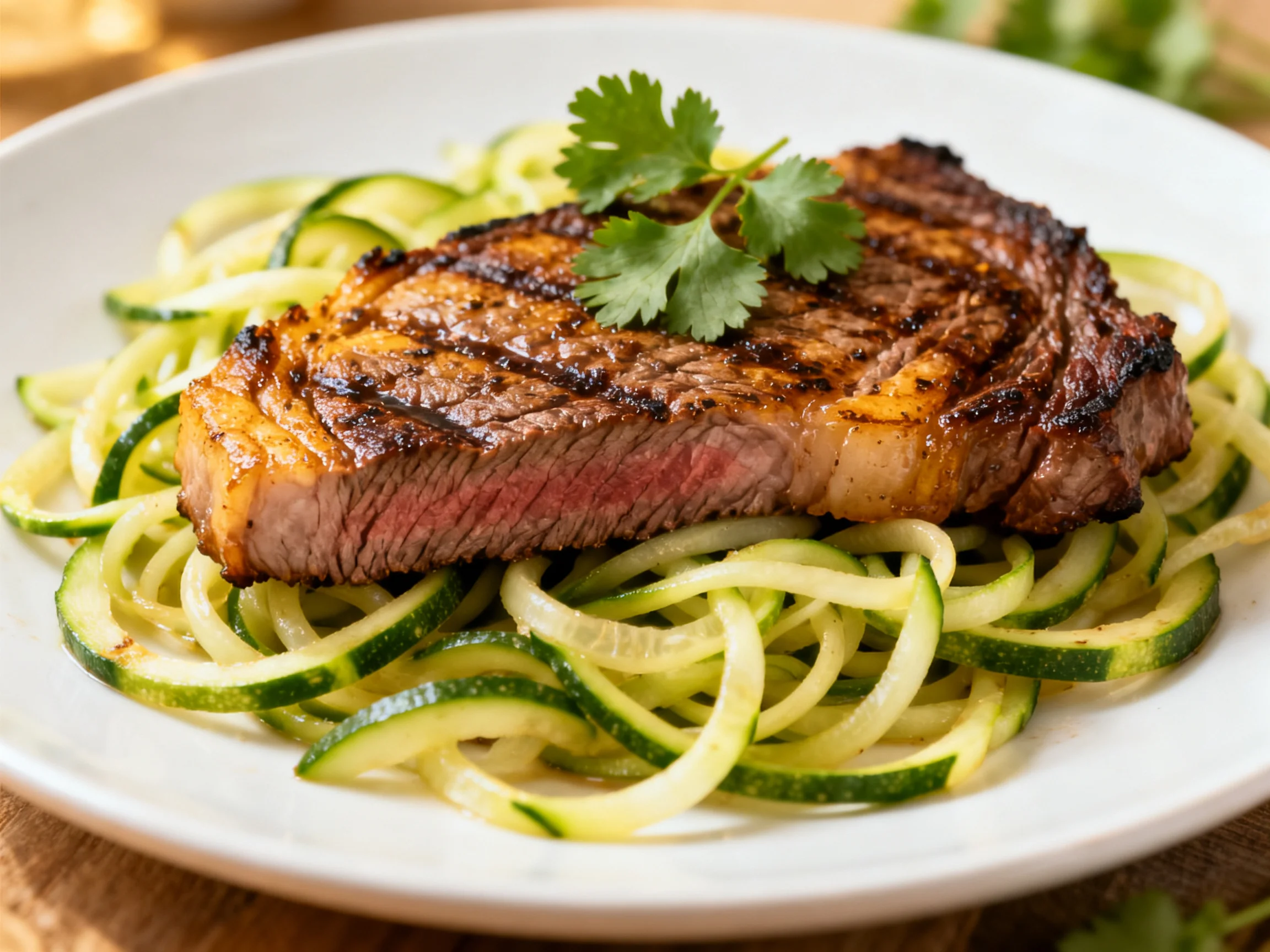 Grilled steak atop zucchini noodles with fresh cilantro garnish