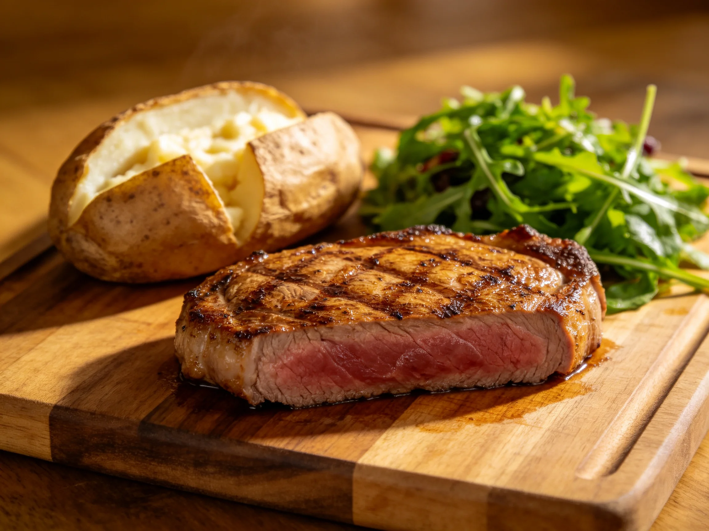 Grilled steak, baked potato, and arugula salad on wooden cutting board
