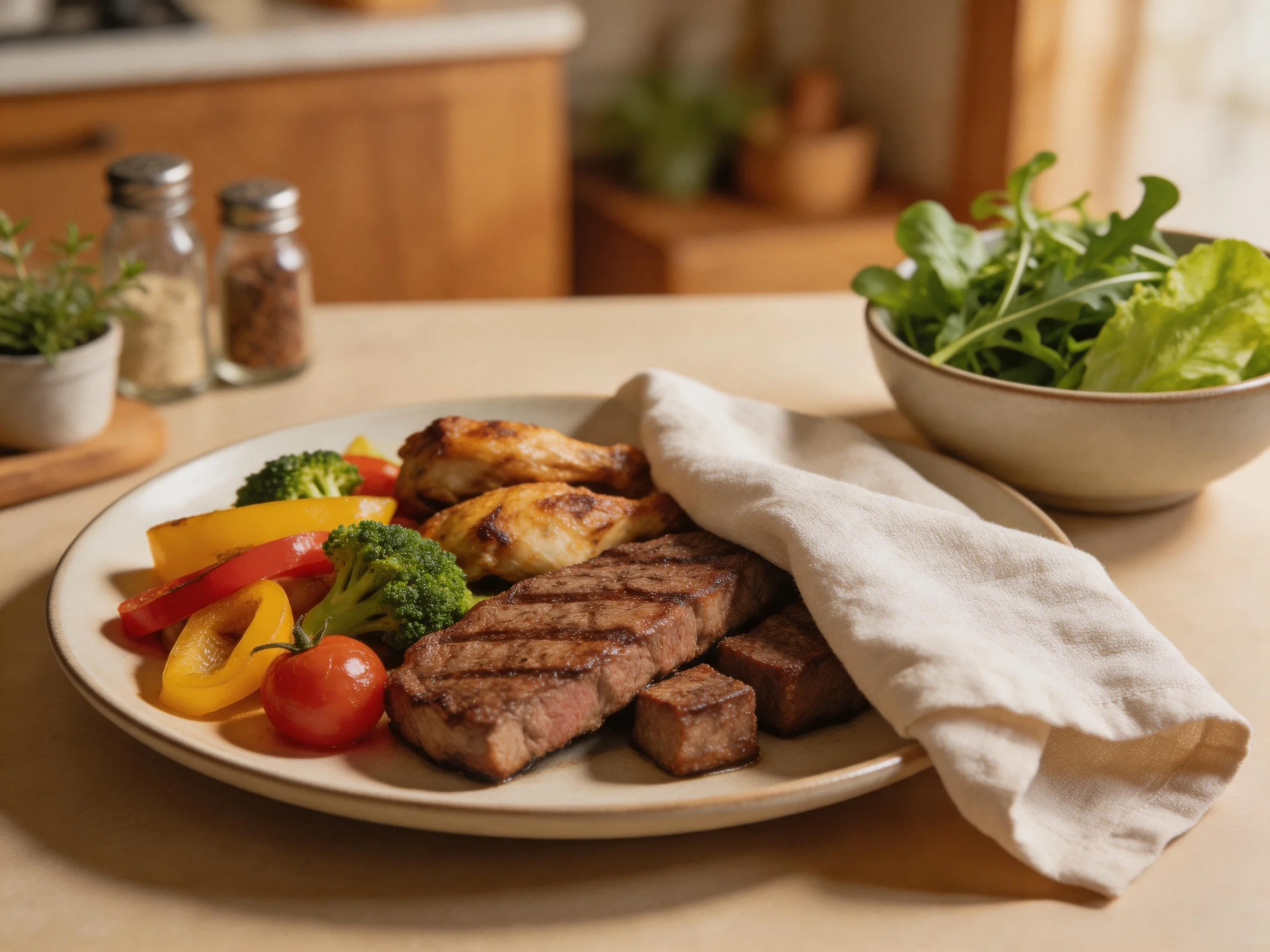 Grilled steak, chicken, and colorful vegetables served with a green salad in a kitchen