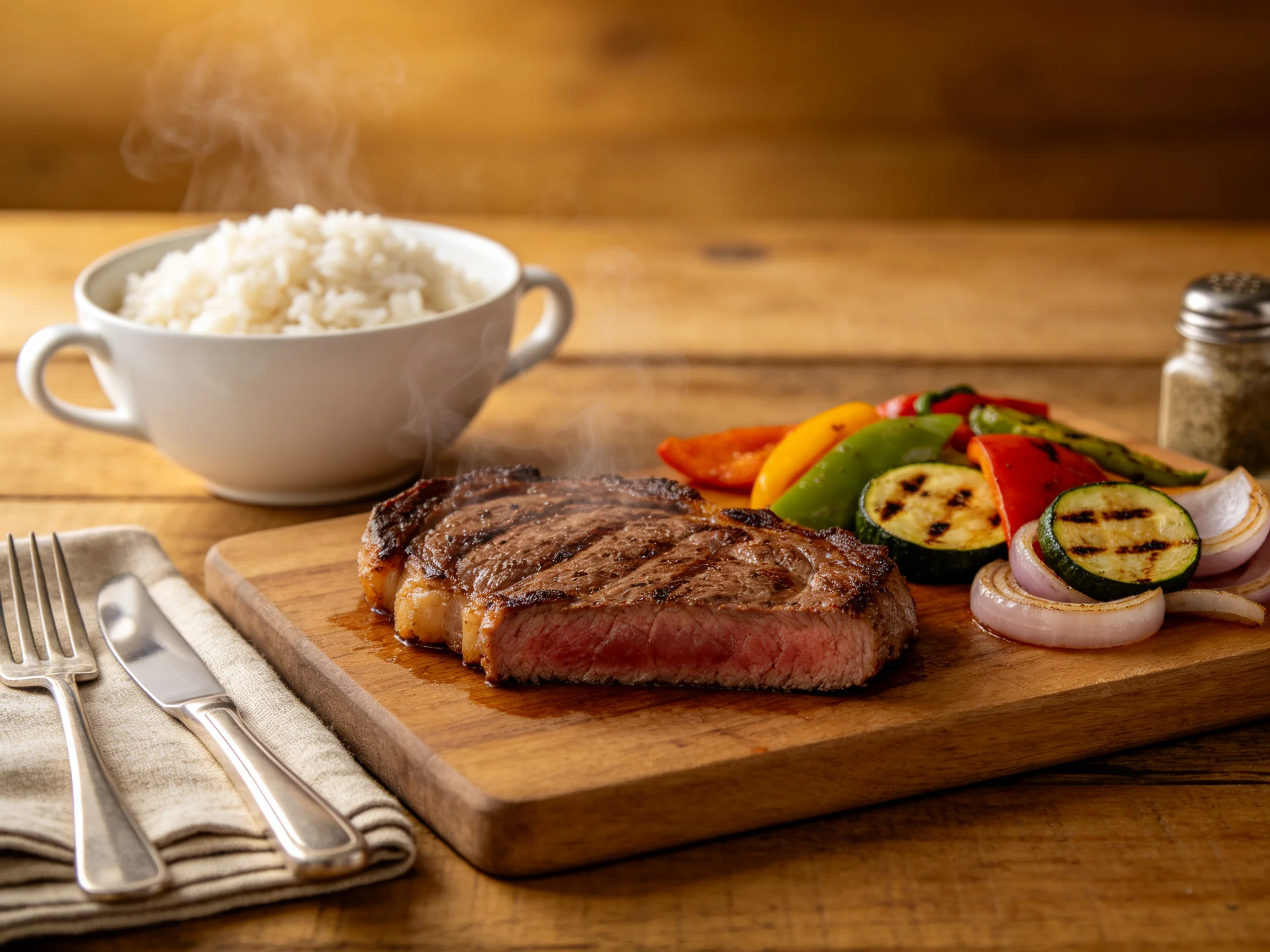 Grilled steak, colorful veggies, and steaming rice on a wooden board