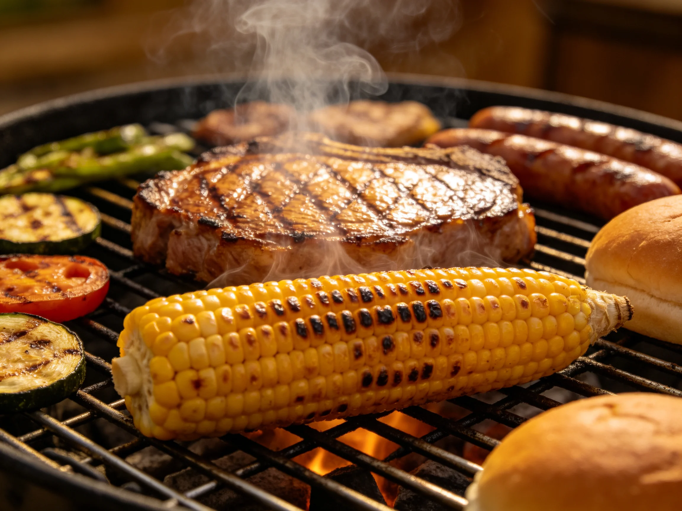 Grilled steak, corn, and sausages cook on a hot barbecue grill