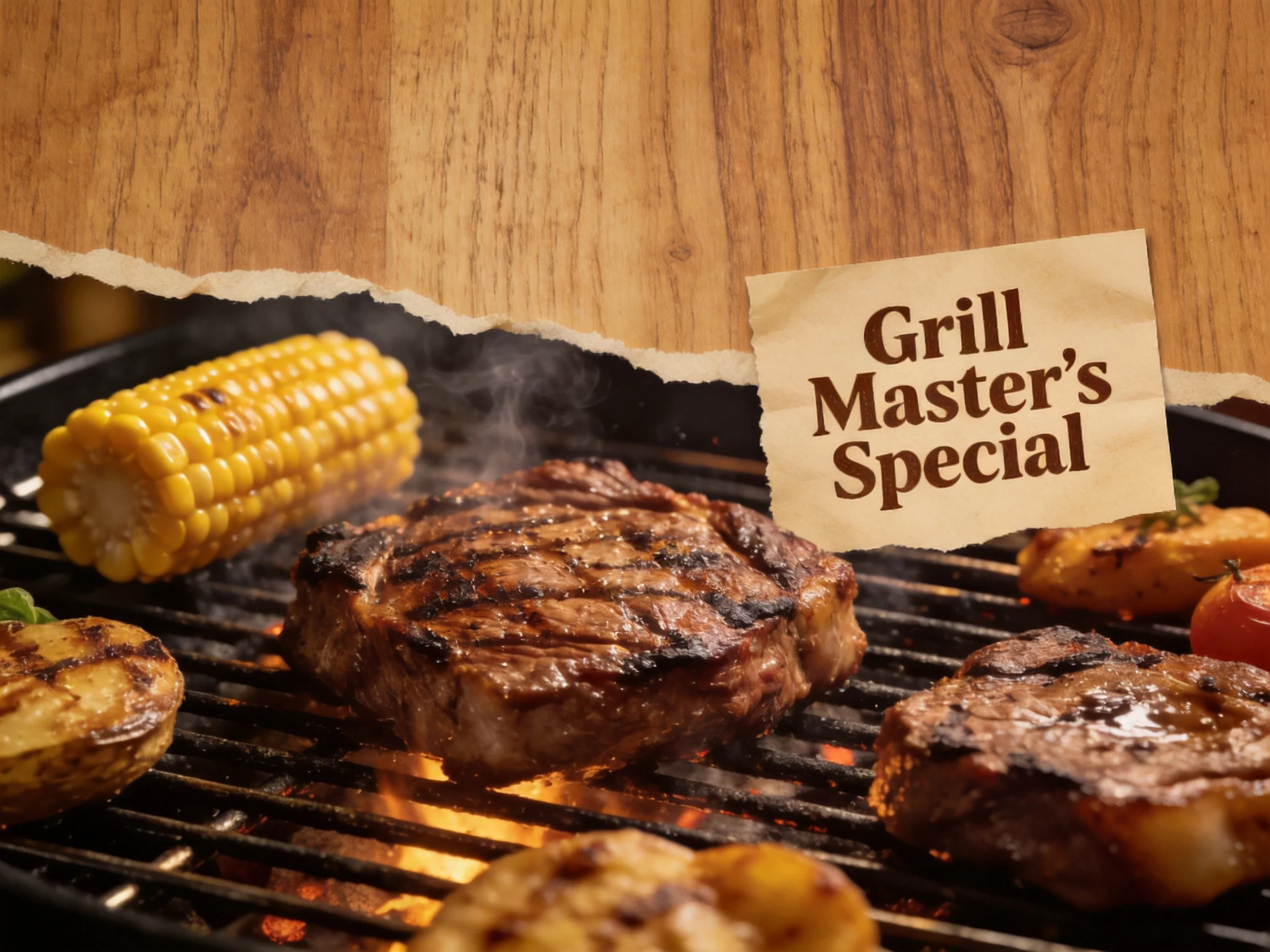 Grilled steak, corn, and vegetables with Grill Masters Special sign