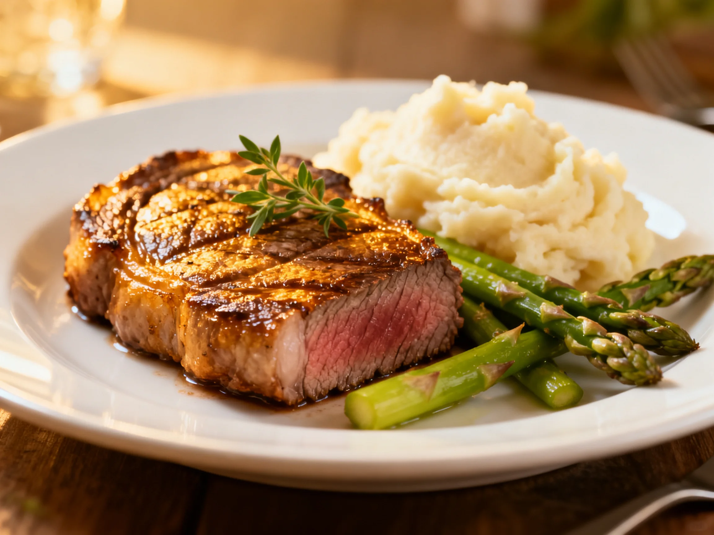 Grilled steak, creamy mashed potatoes, and fresh asparagus on a white plate