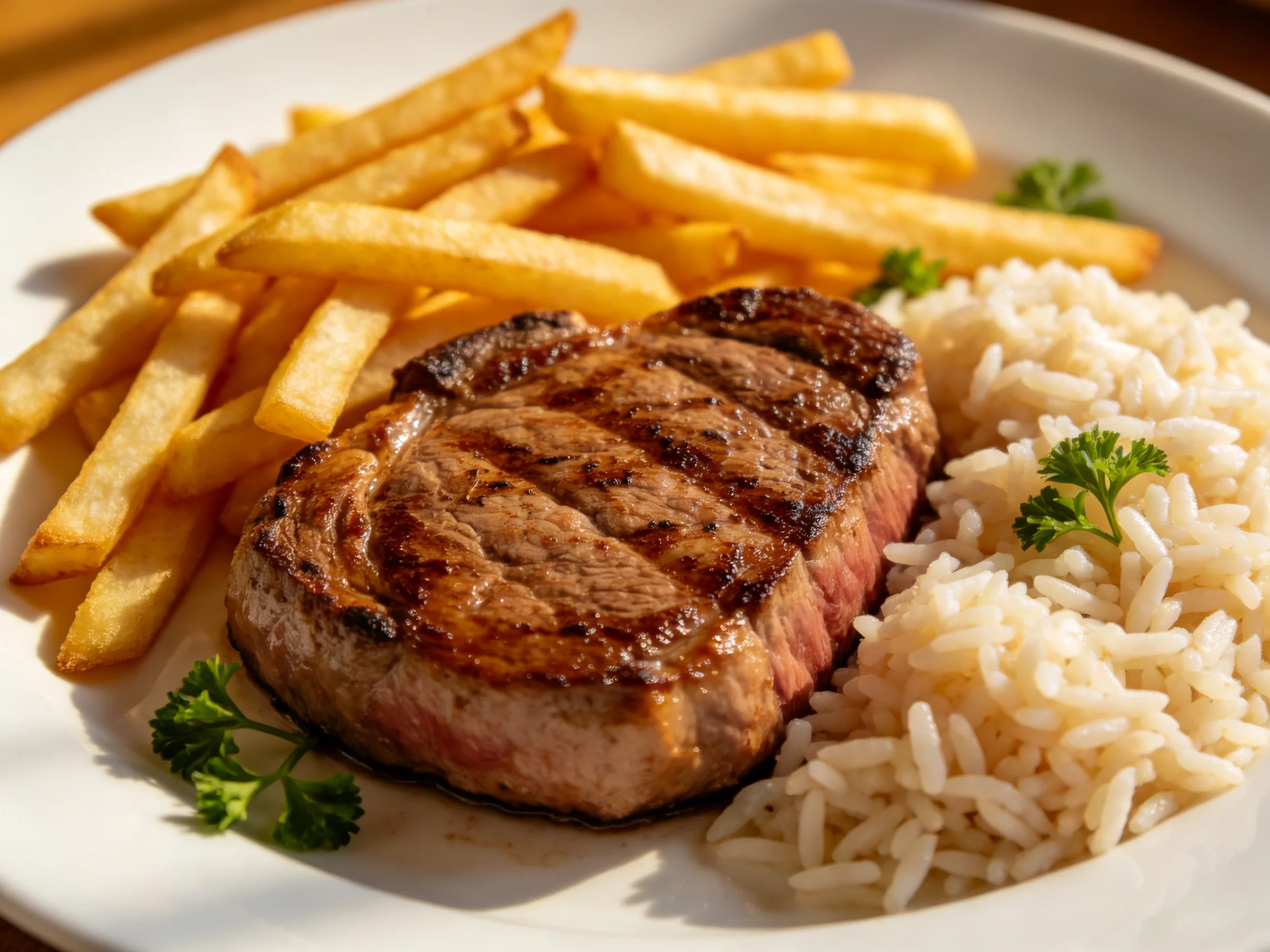 Grilled steak, crispy fries, and rice served on a white plate