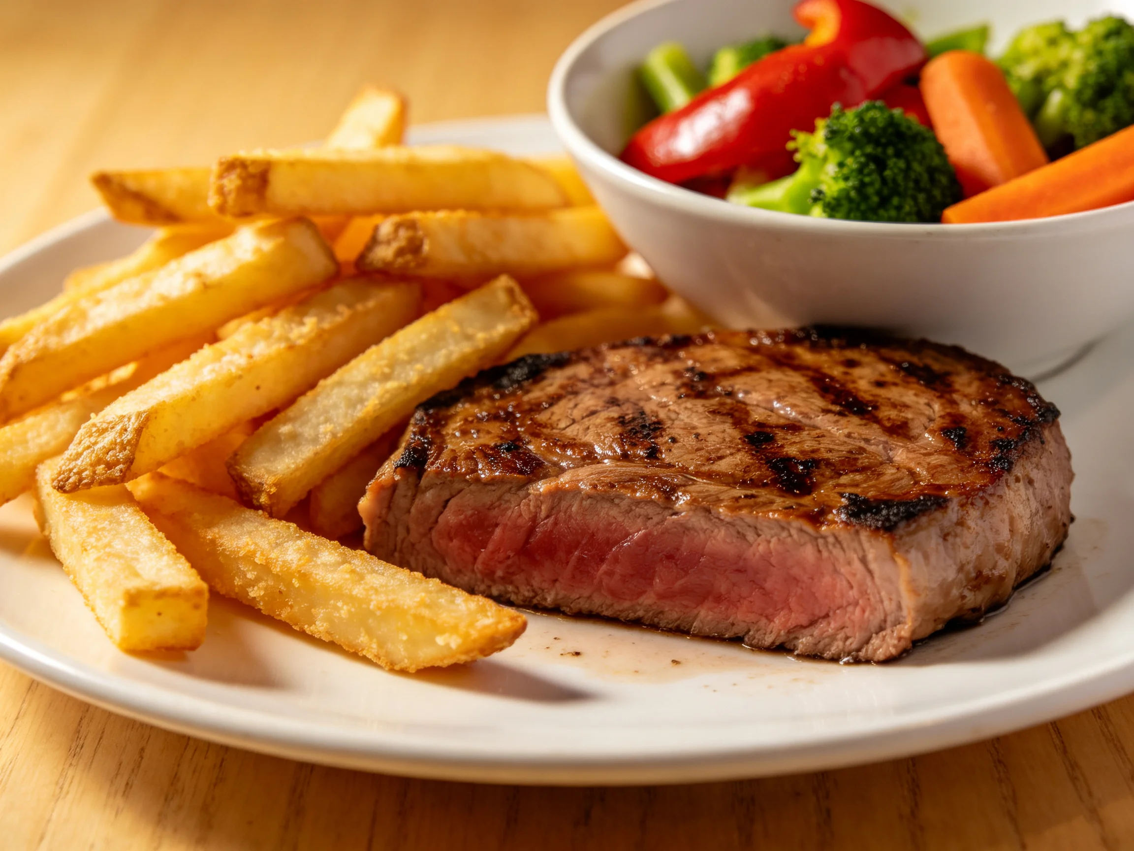 Grilled steak, crispy fries, and vibrant mixed veggies on a plate