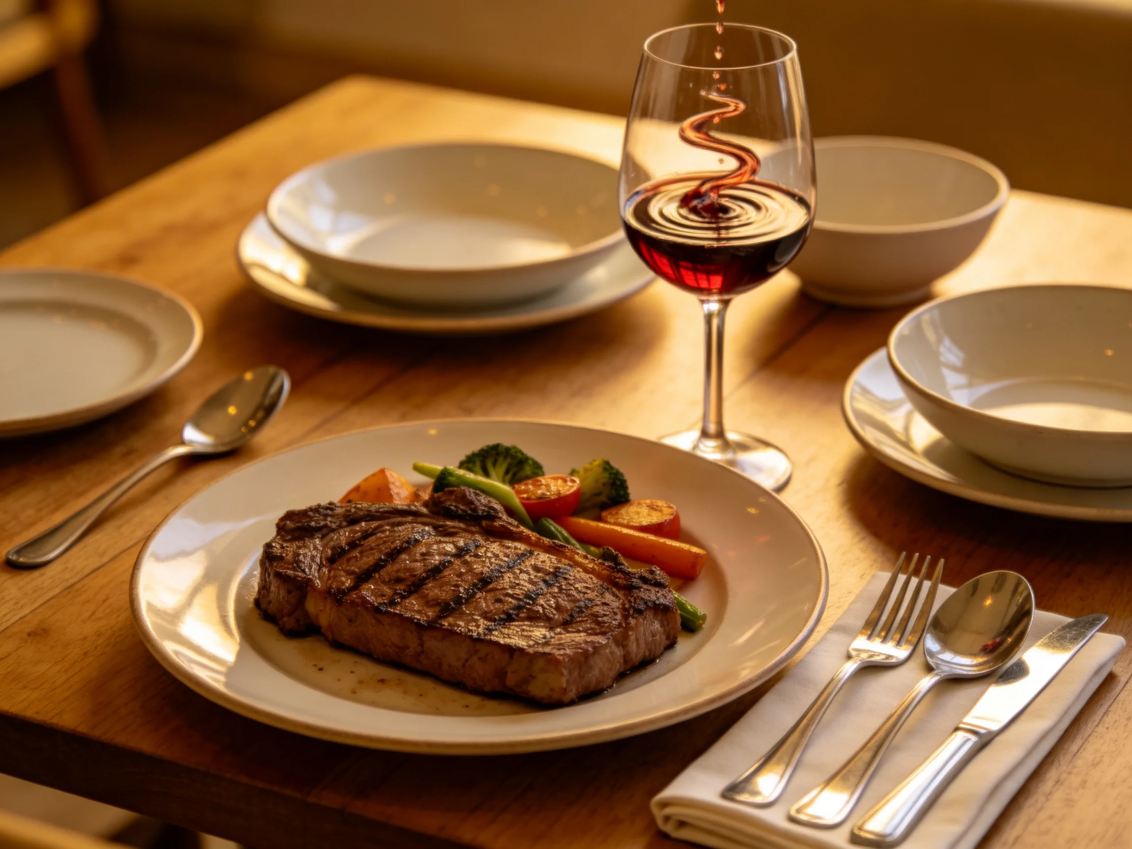 Grilled steak dinner with roasted vegetables, red wine, and white dishware on a wooden table