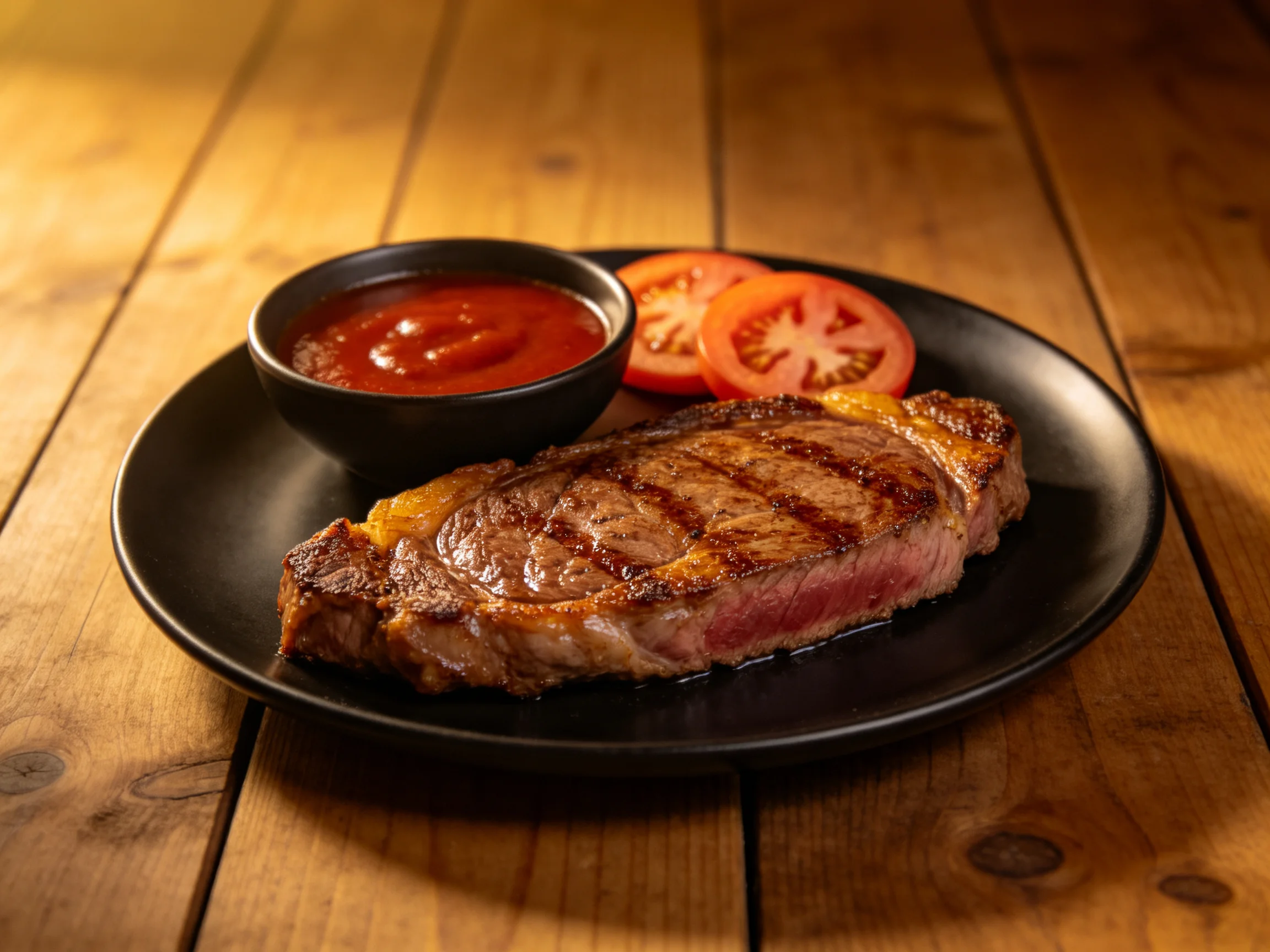 Grilled steak, fresh tomato slices, and sauce on a black plate