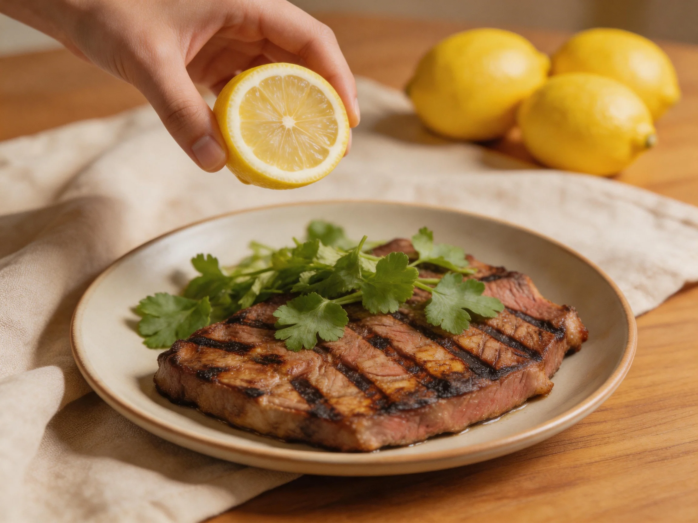 Grilled steak garnished with cilantro, hand holding lemon near plate