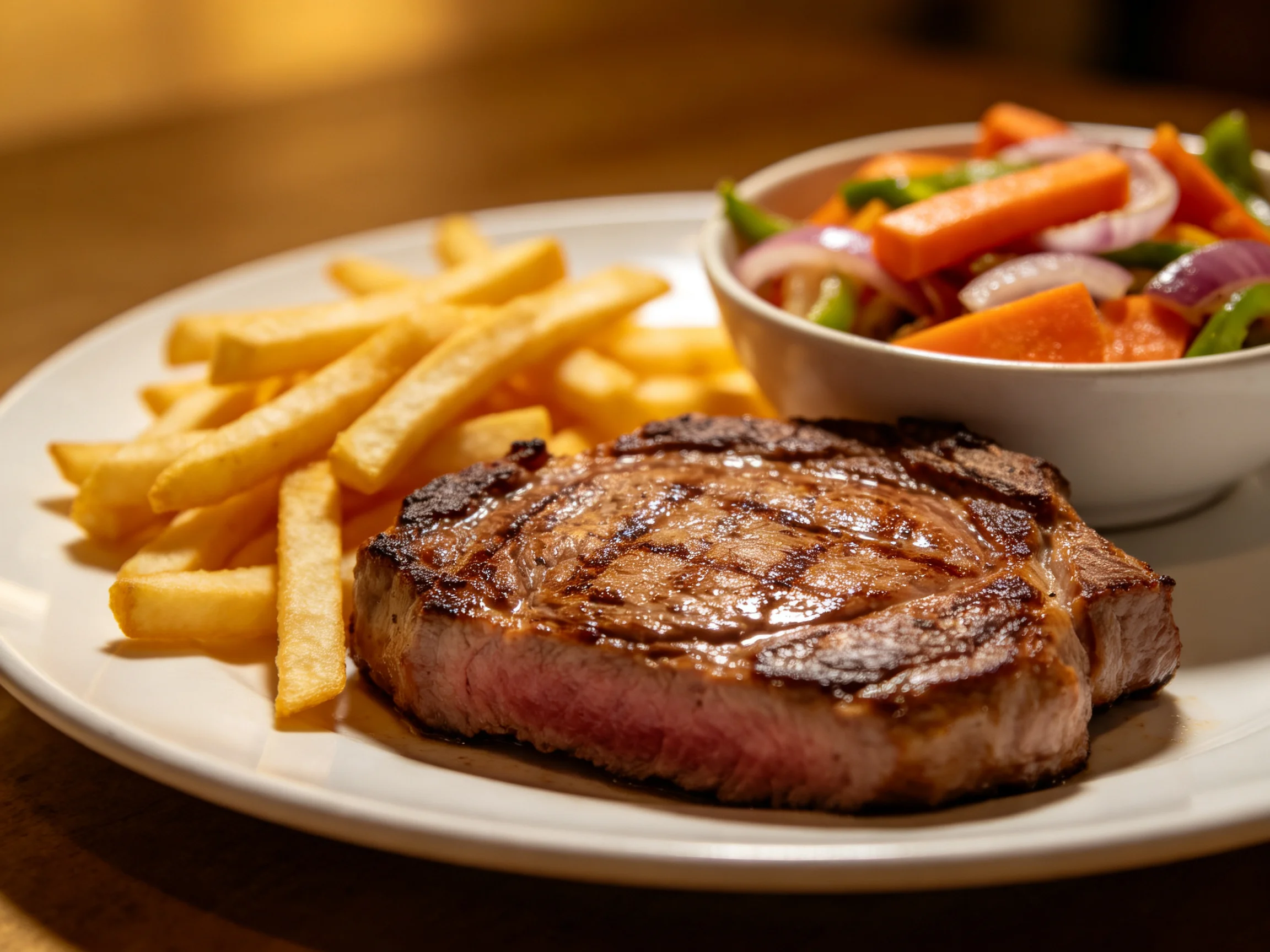 Grilled steak, golden fries, and colorful vegetable medley on a white plate