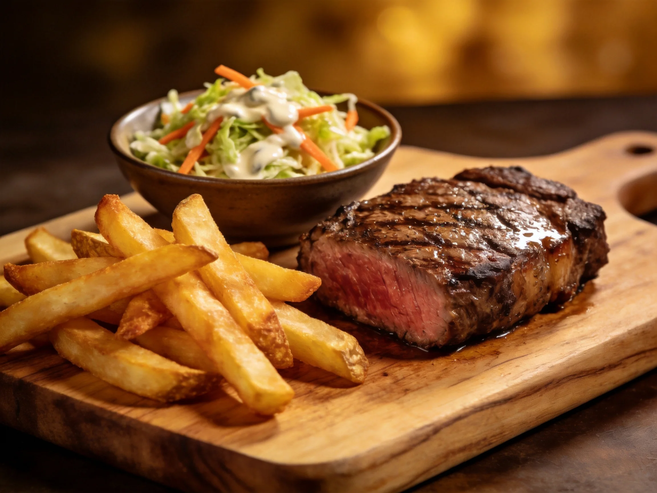 Grilled steak, golden fries, and creamy coleslaw on a wooden platter