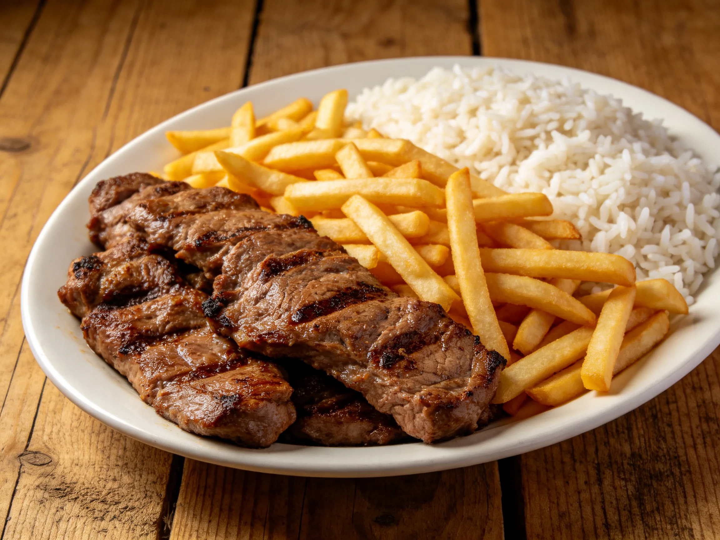 Grilled steak, golden fries, and fluffy white rice on a white plate