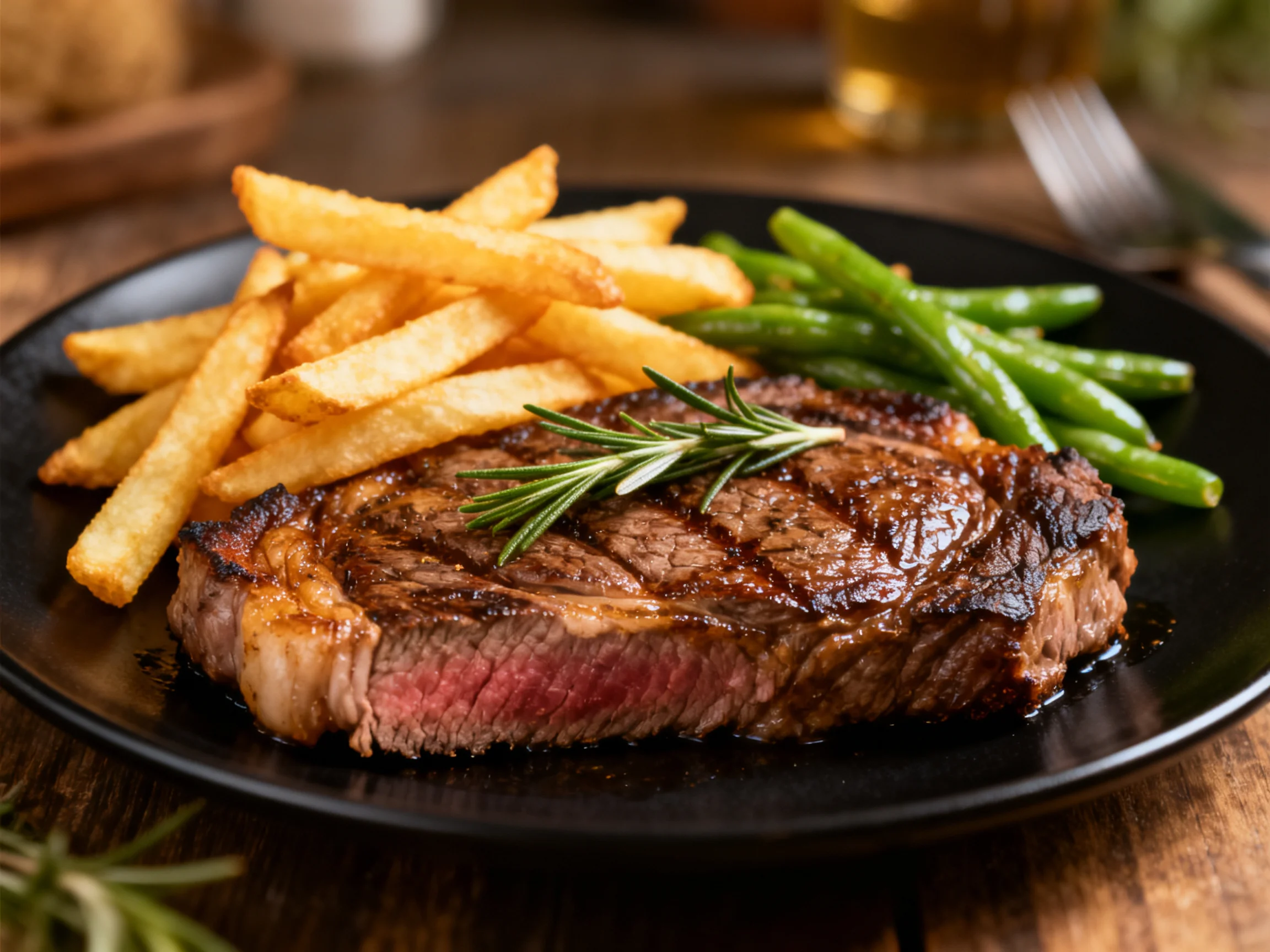 Grilled steak, golden fries, and green beans on a black plate