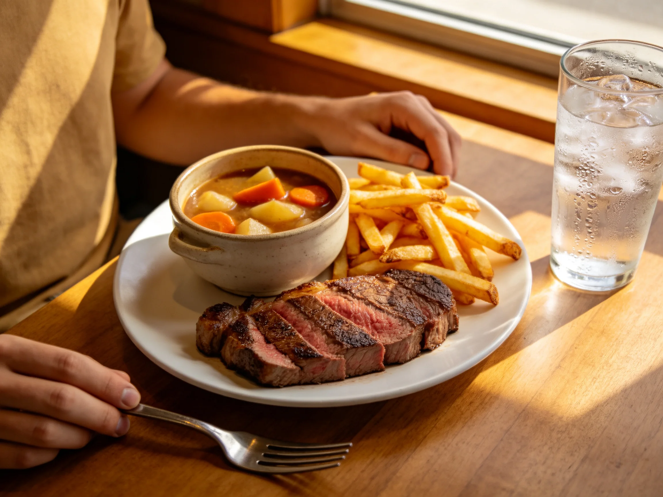 Grilled steak, golden fries, and vegetable stew served beside a glass of water