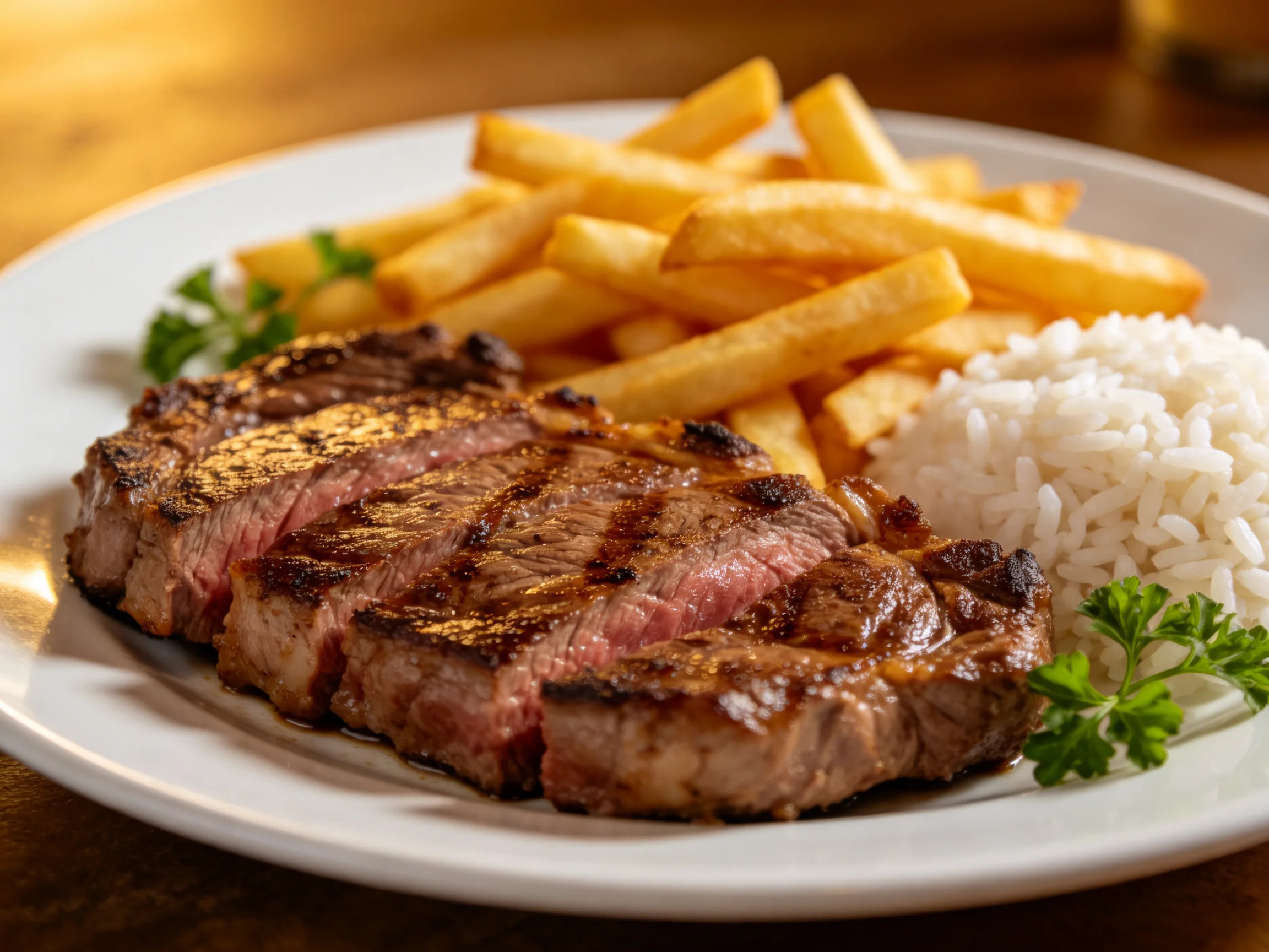 Grilled steak, golden fries, and white rice on a white plate