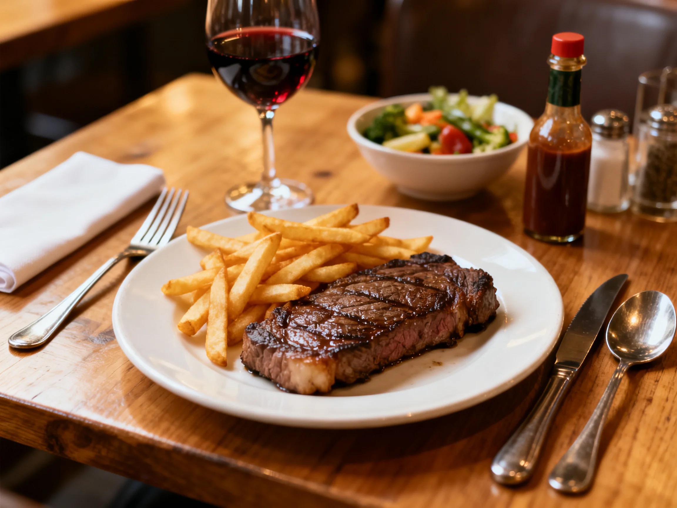 Grilled steak, golden fries, red wine, and salad on a wooden table