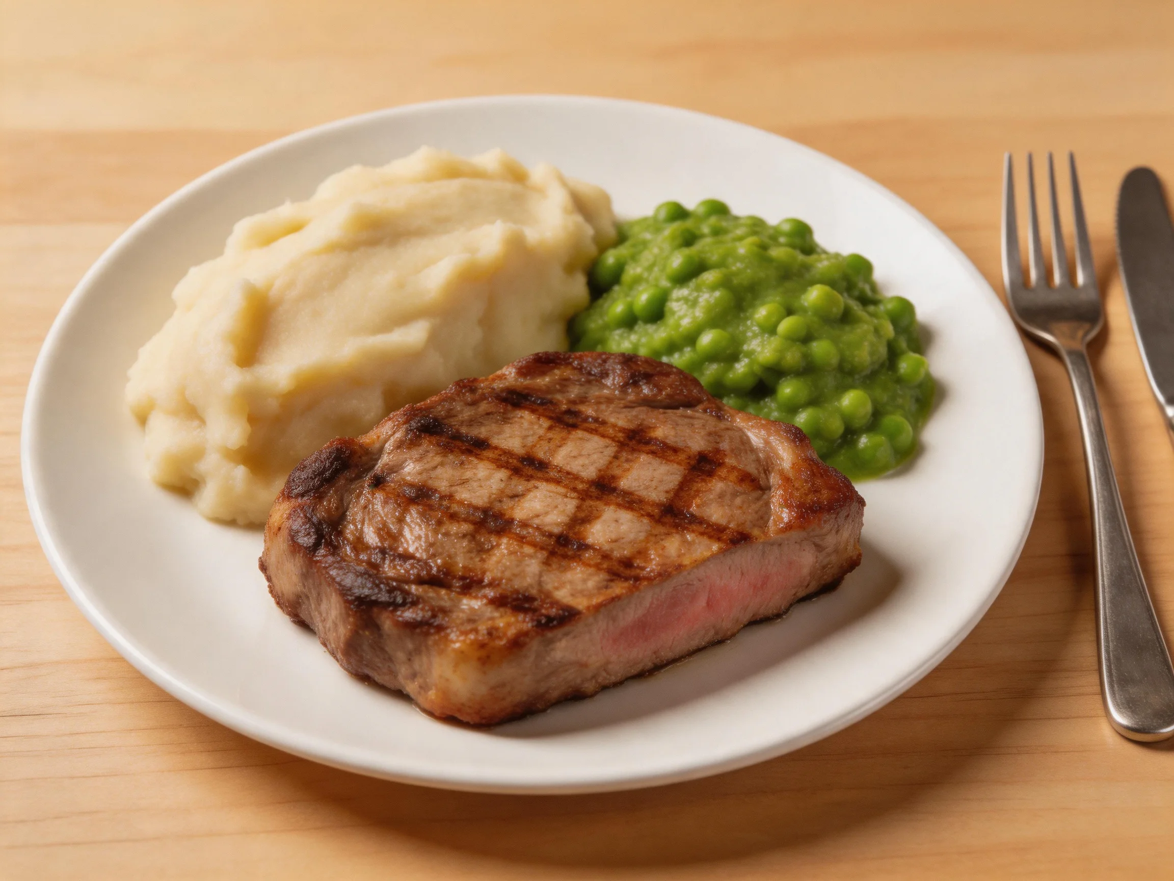 Grilled steak, mashed potatoes, and green peas on a white plate