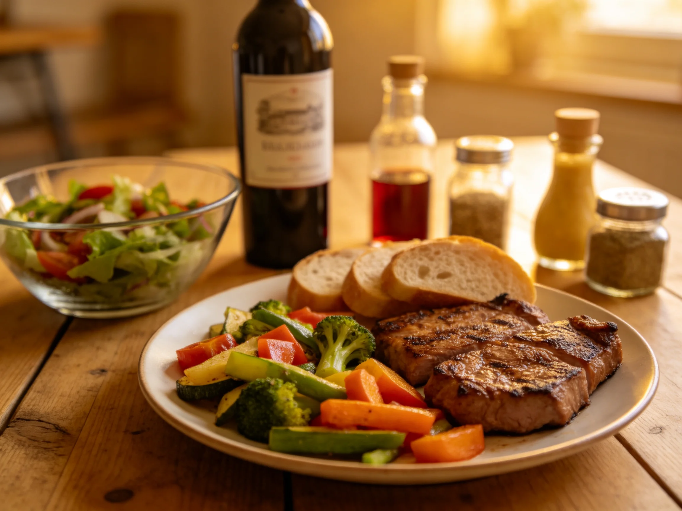 Grilled steak meal with mixed vegetables, bread, and salad on a wooden table