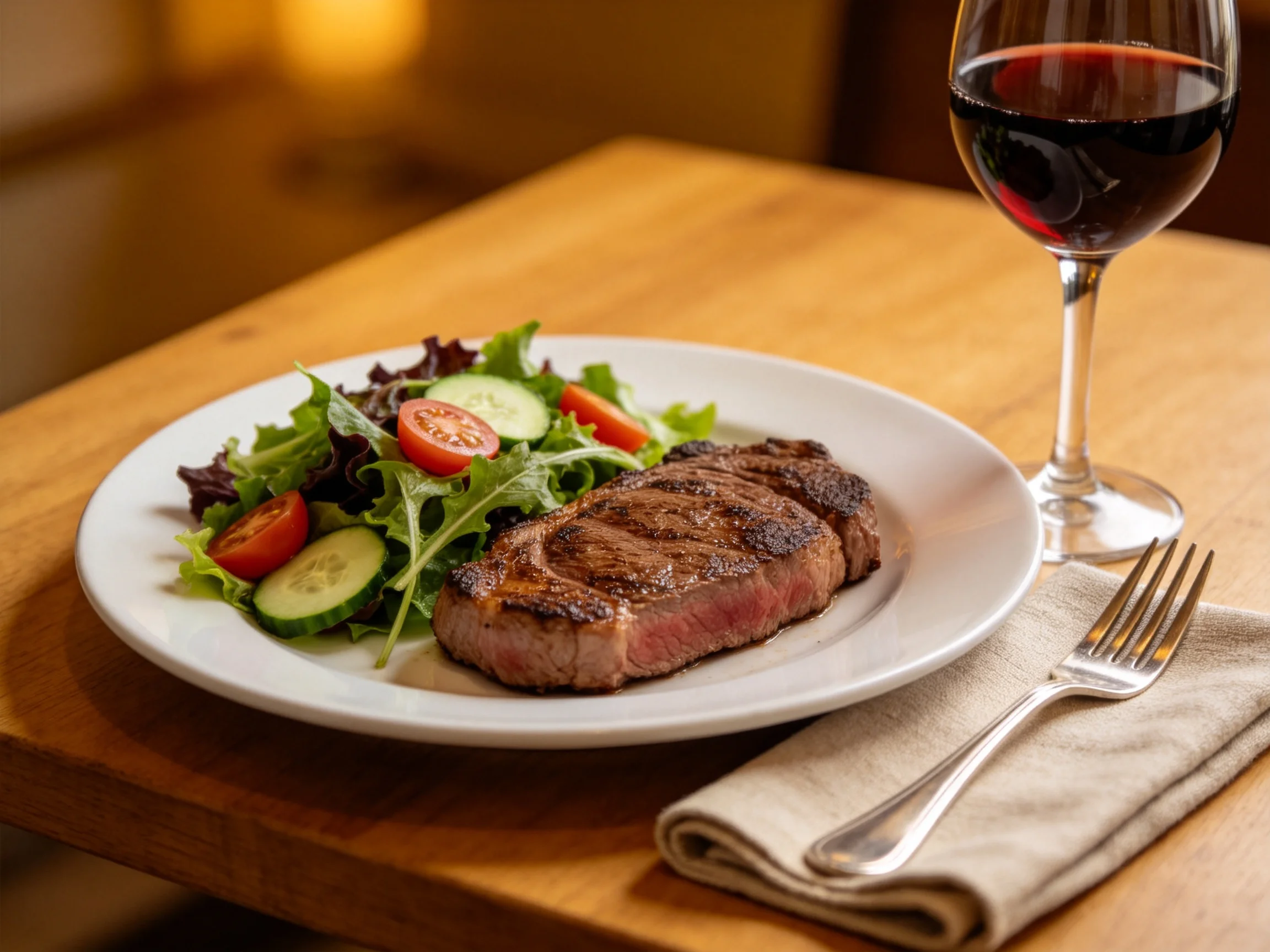 Grilled steak, mixed greens salad, and red wine on a wooden table