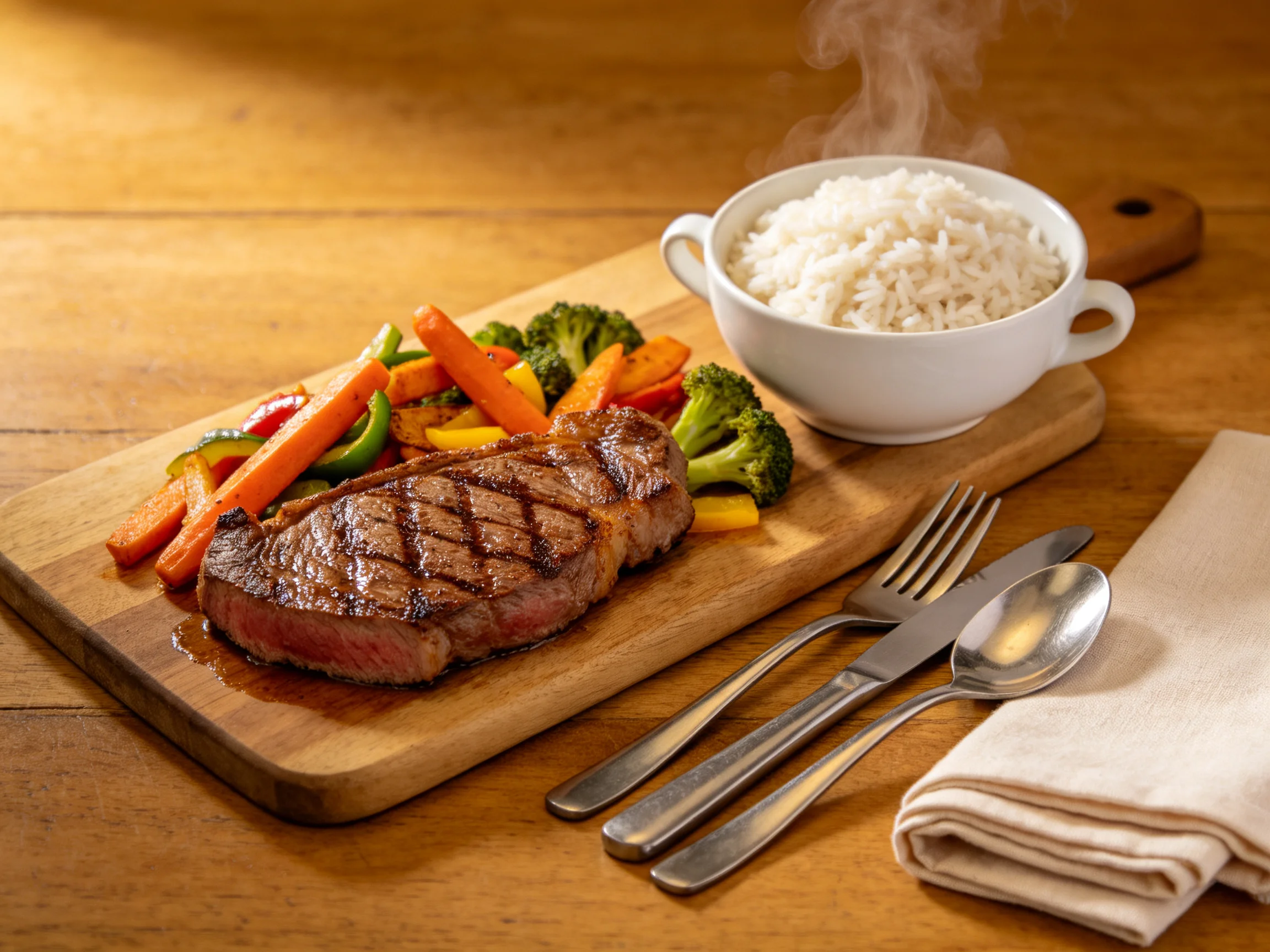 Grilled steak, mixed vegetables, and rice on a wooden platter