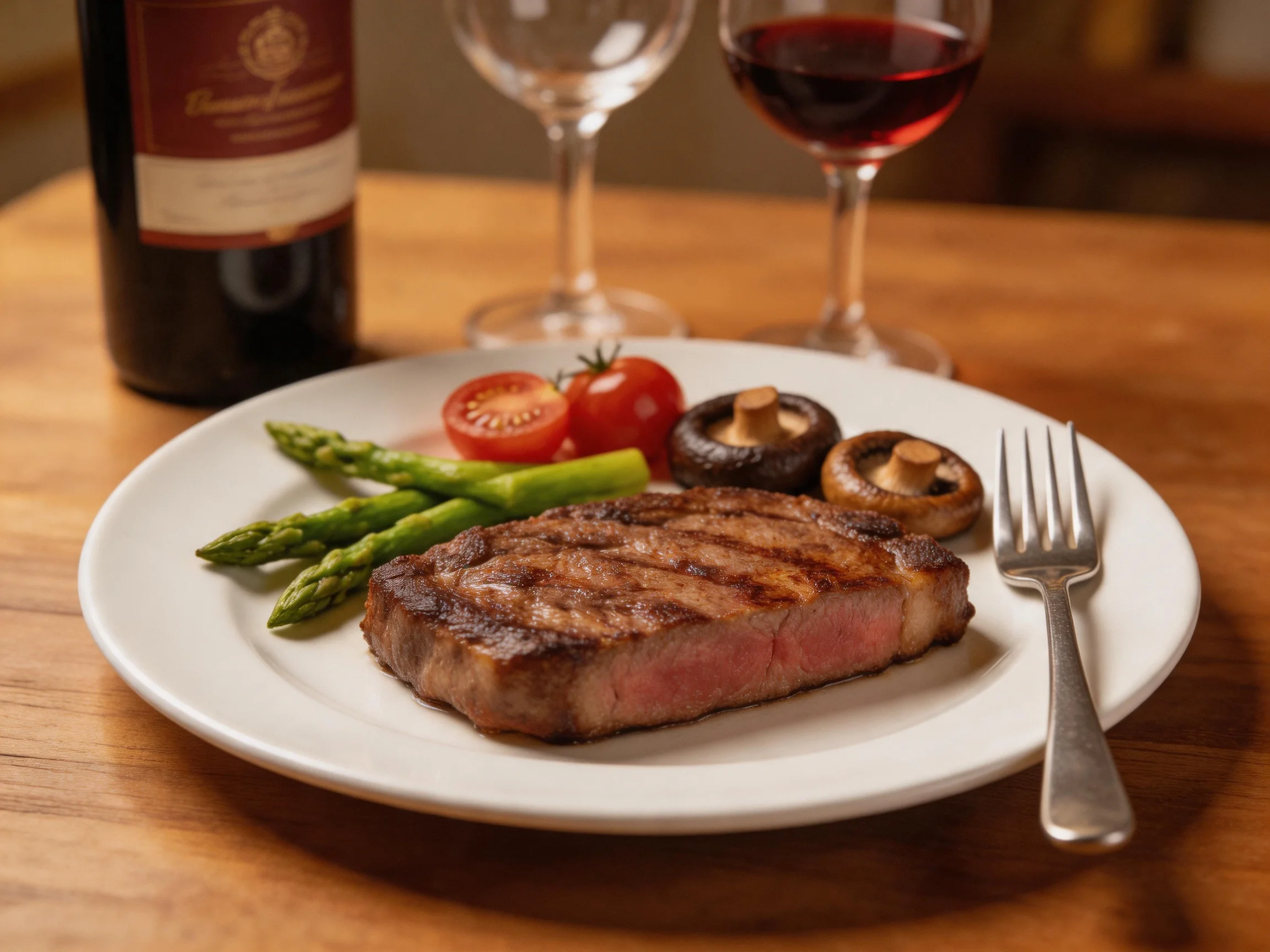 Grilled steak plate with asparagus, tomatoes, mushrooms, and wine