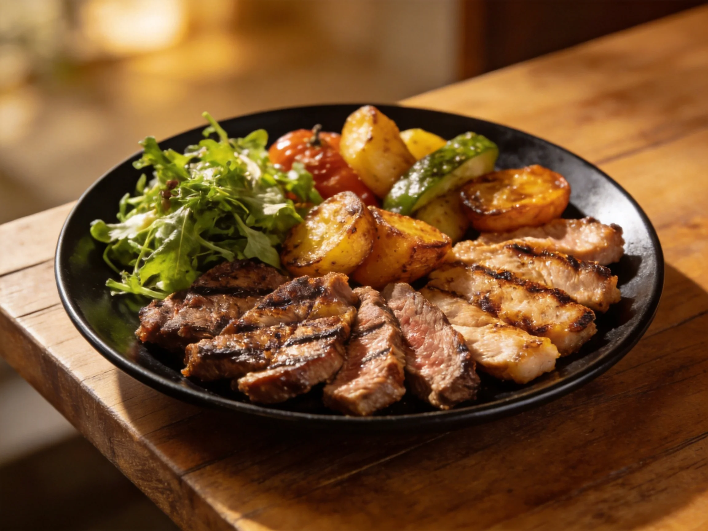 Grilled steak, pork, and roasted veggies with arugula on black plate