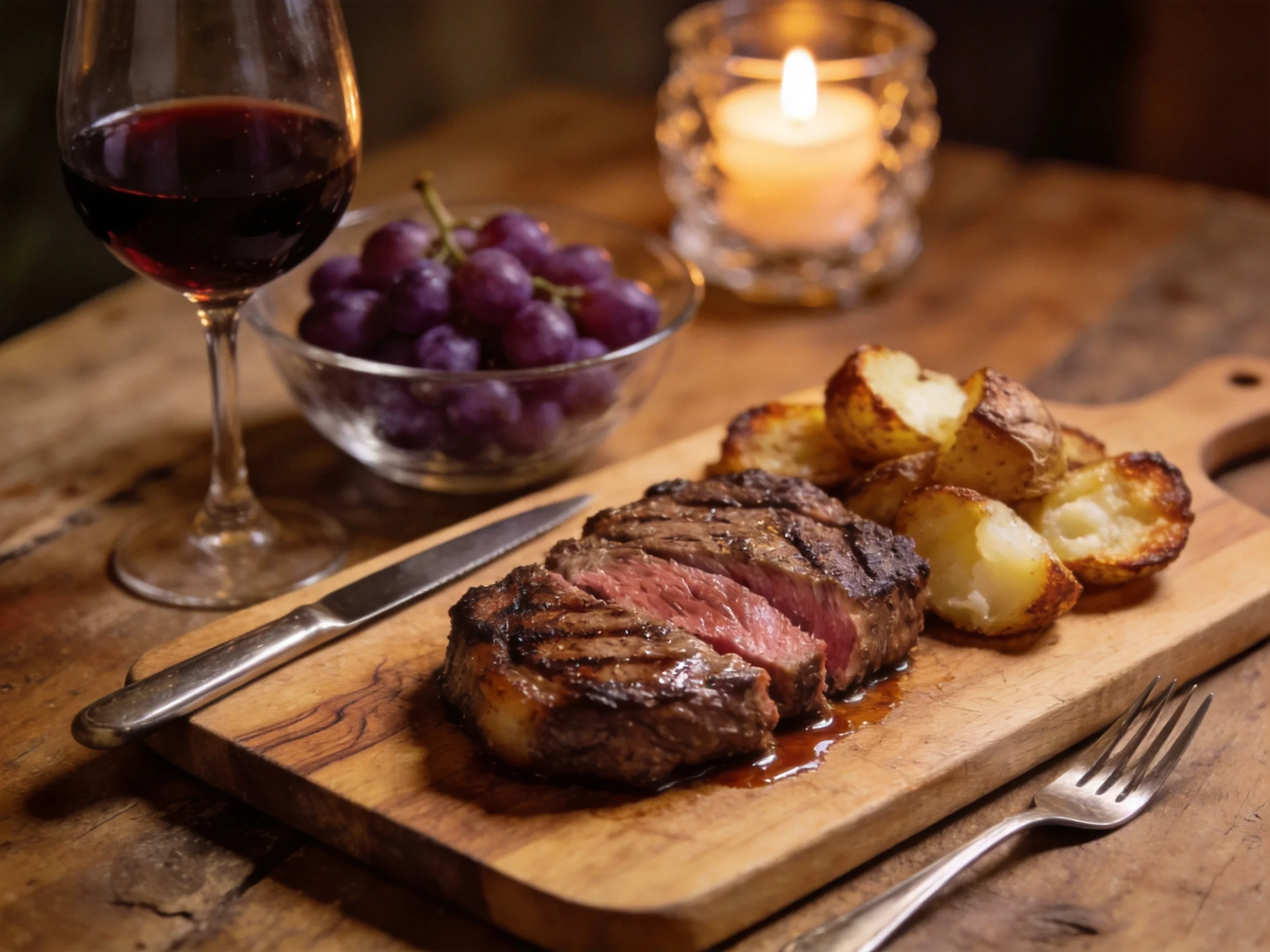 Grilled steak, roasted potato wedges, purple grapes, and red wine