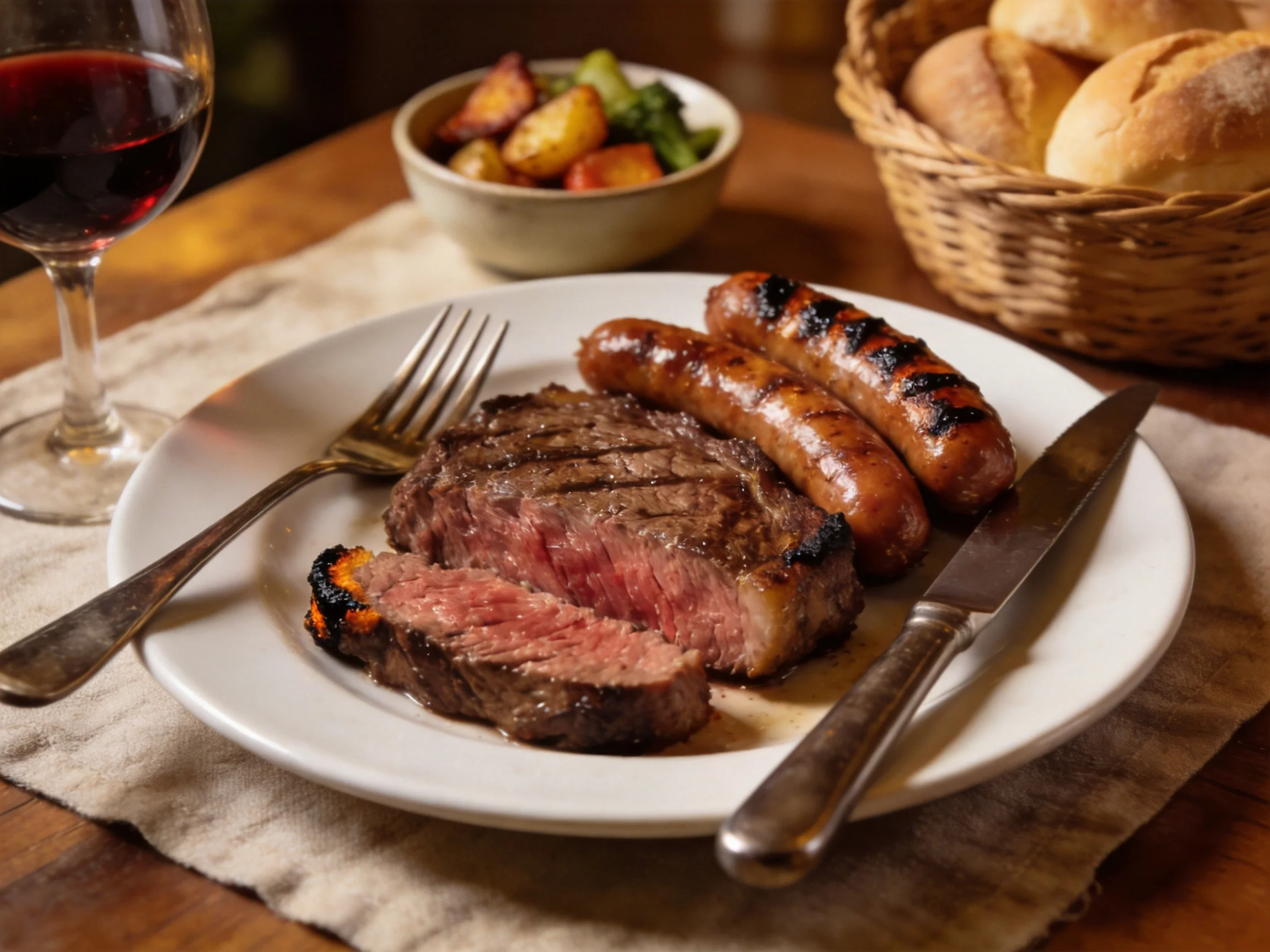 Grilled steak, sausages, red wine, and bread rolls on a plate