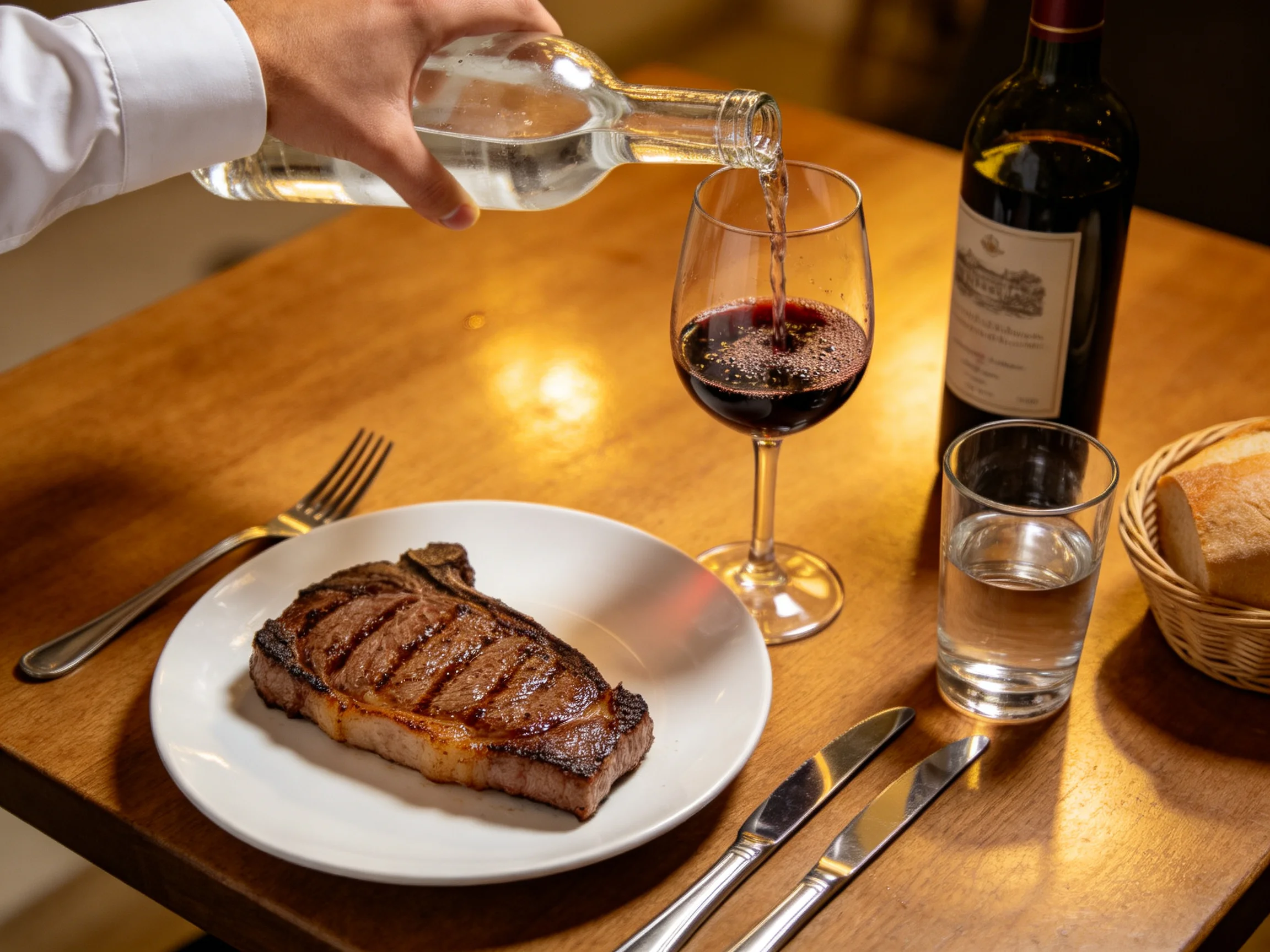 Grilled steak served with red wine and water being poured on a wooden table