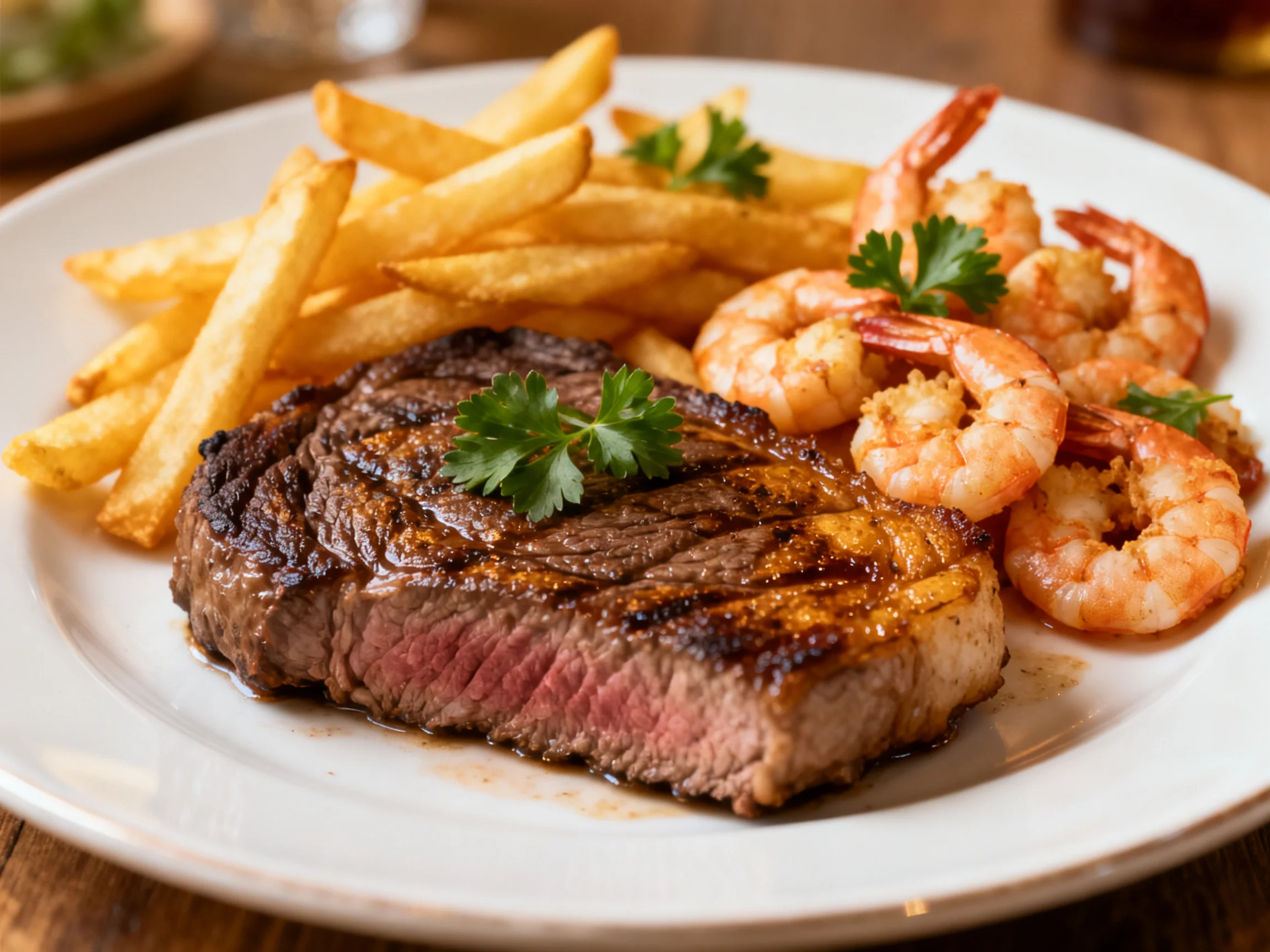 Grilled steak, shrimp, and golden fries served on a white plate