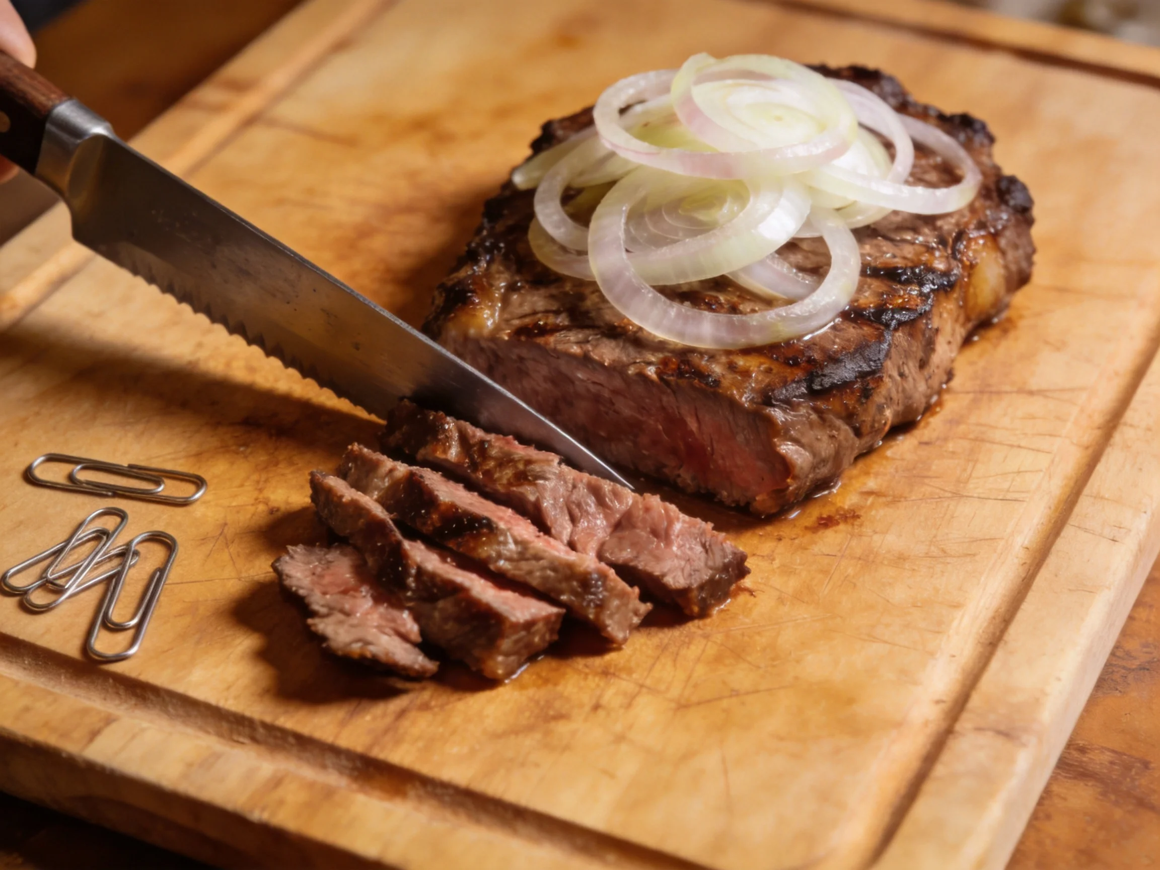Grilled steak sliced with onion rings on a wooden cutting board