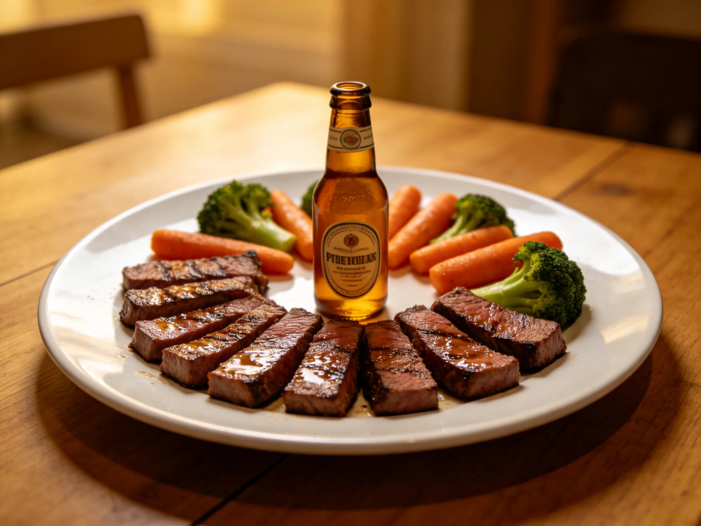 Grilled steak slices, baby carrots, broccoli, and a beer bottle on a white plate