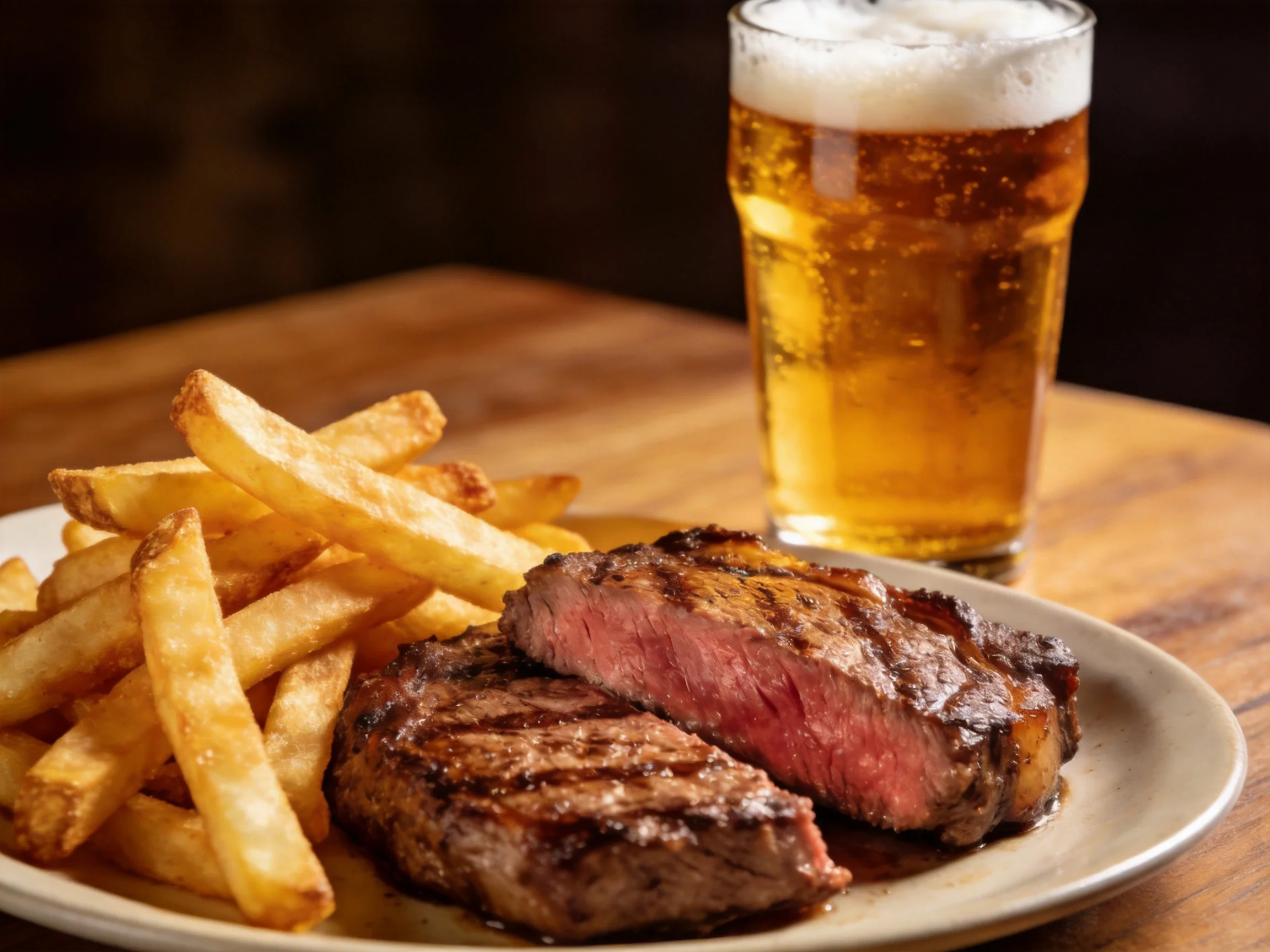Grilled steak slices, crispy fries, and frothy amber beer on wooden surface