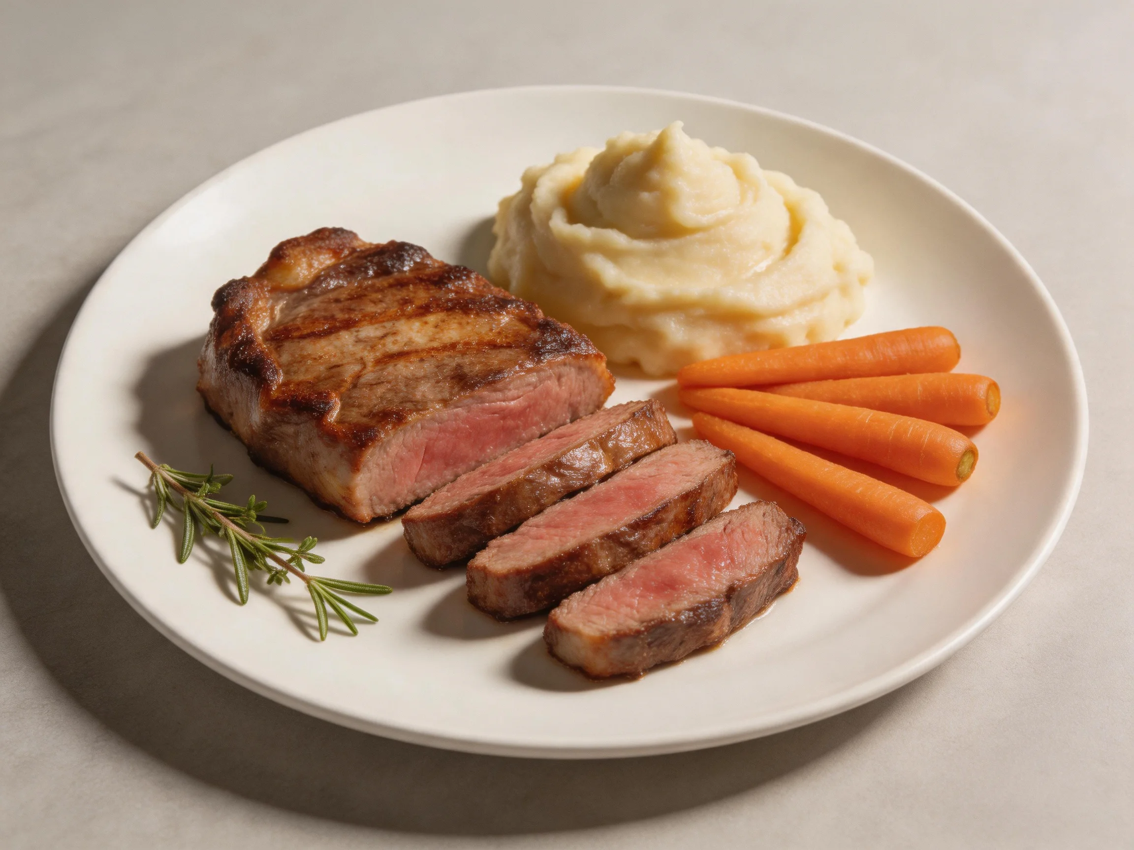 Grilled steak slices, mashed potatoes, and baby carrots served on a white plate