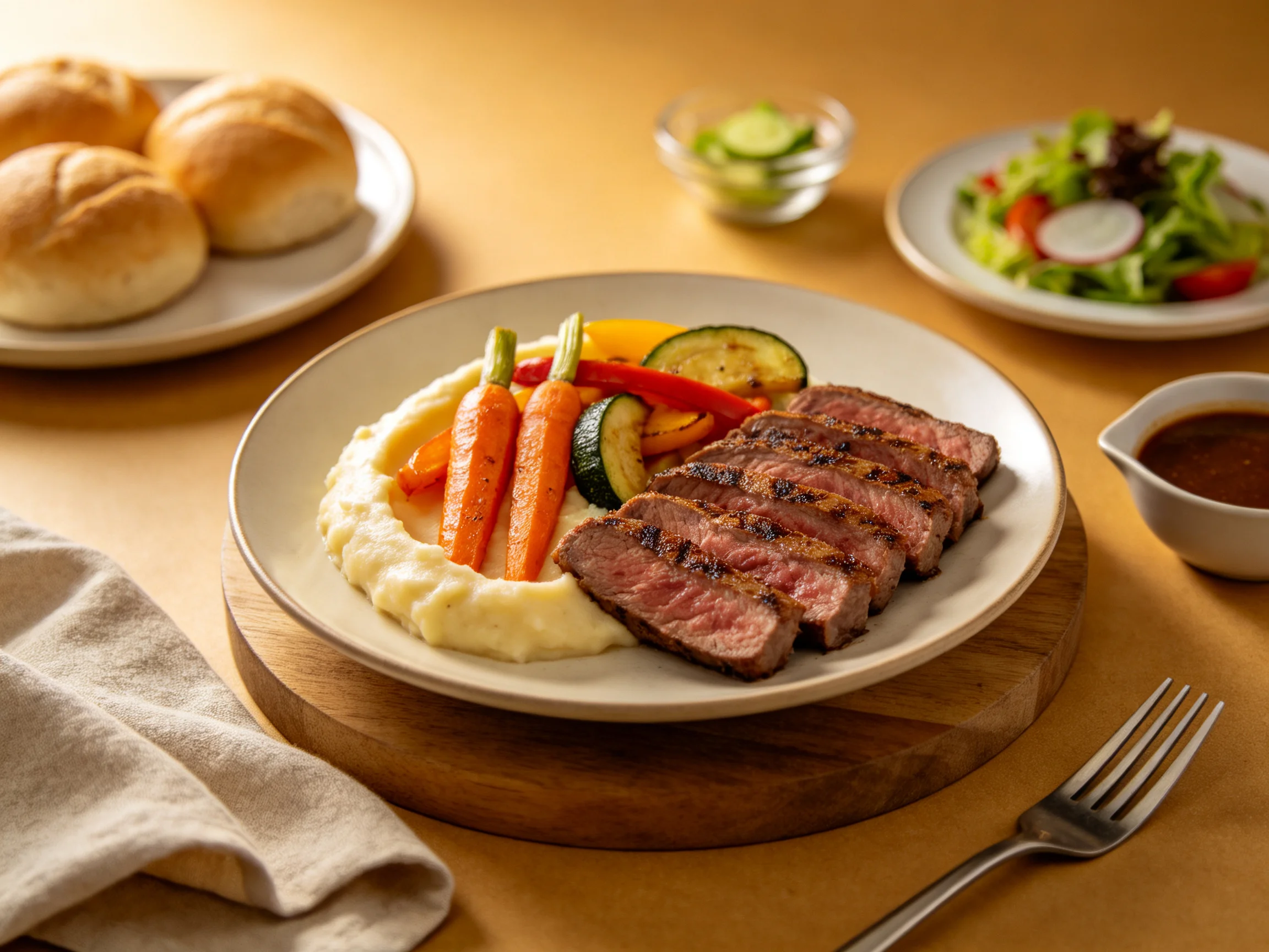 Grilled steak slices, mashed potatoes, and roasted veggies with dinner rolls and salad